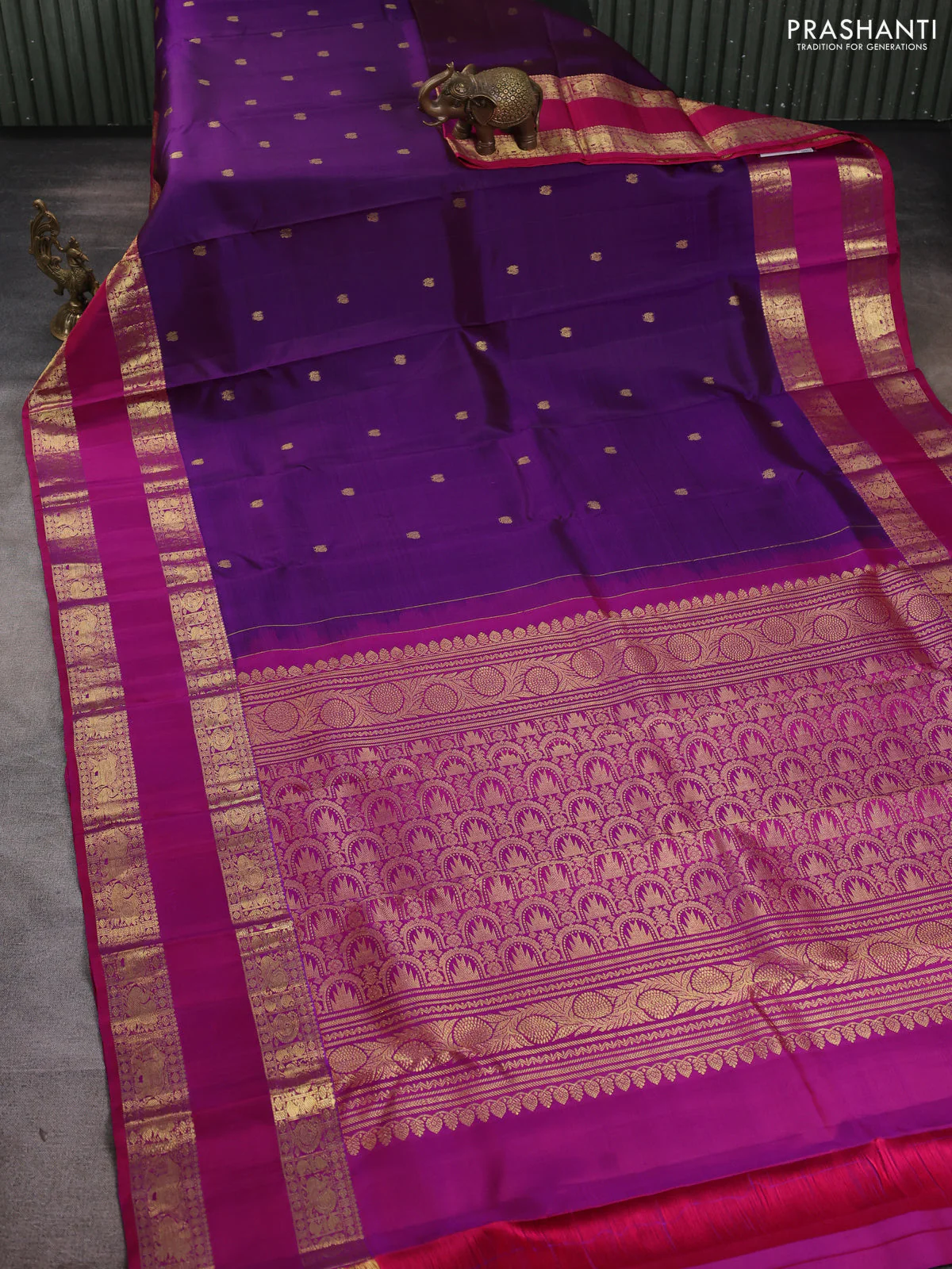Pure kanchipuram silk saree purple and pink with zari woven annam buttas and long rettapet zari woven border - Image 2