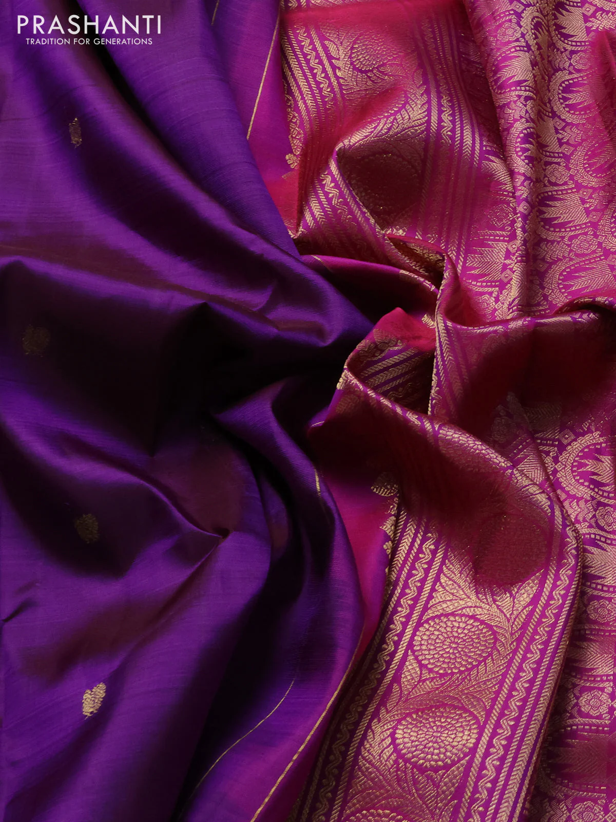Pure kanchipuram silk saree purple and pink with zari woven annam buttas and long rettapet zari woven border - Image 3
