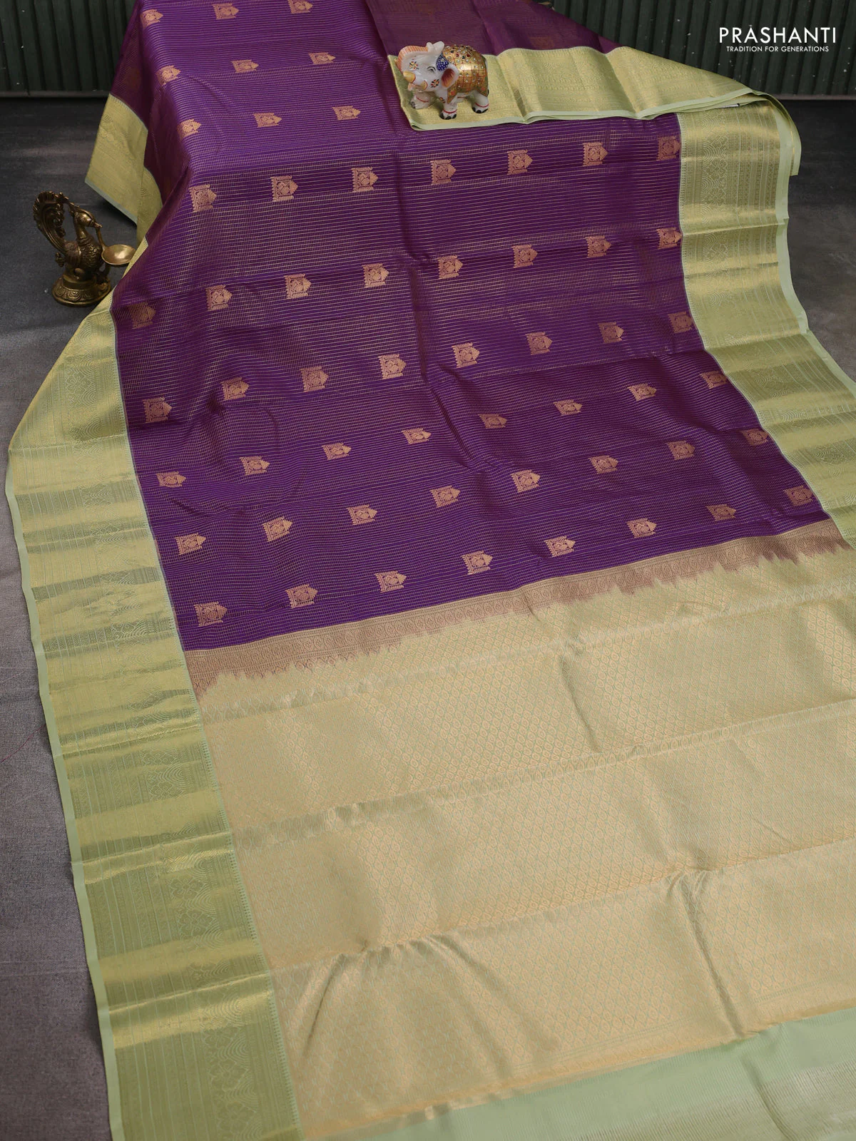 Pure kanchipuram silk saree purple and pista green with allover small zari checks & buttas and rich zari woven border - Image 2