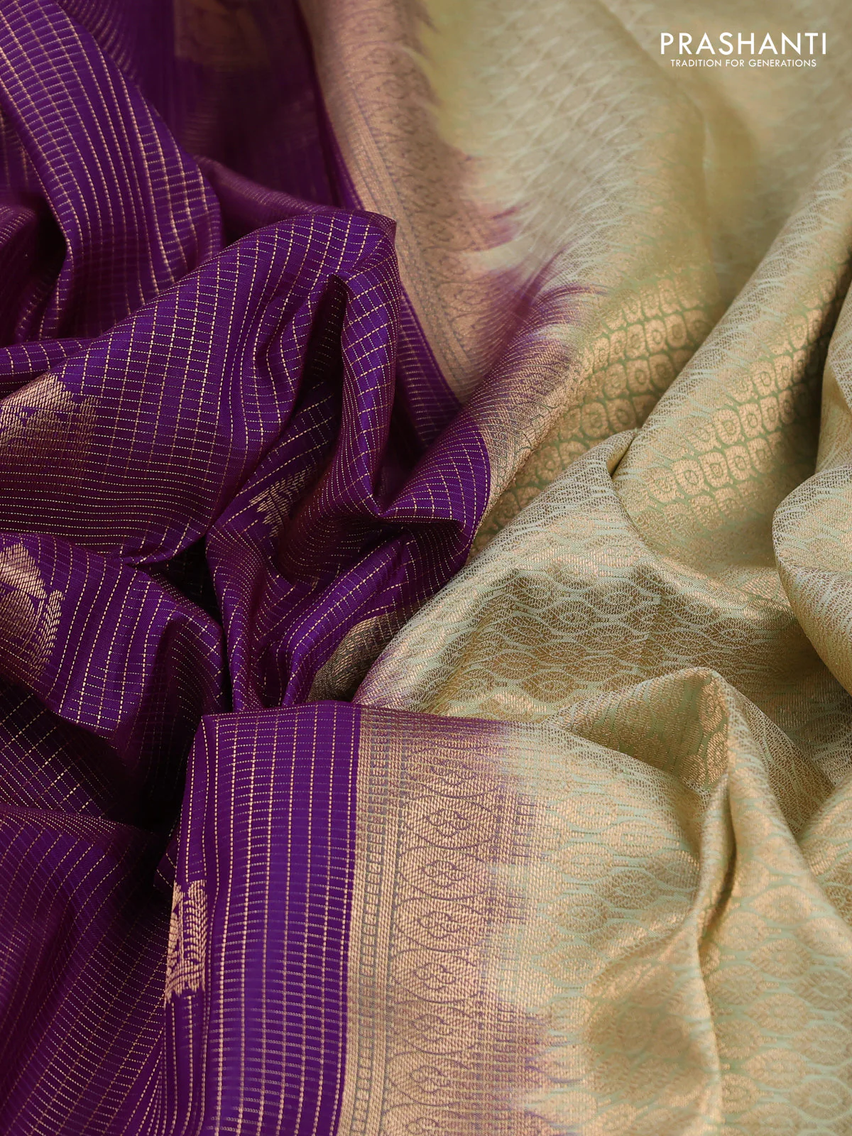 Pure kanchipuram silk saree purple and pista green with allover small zari checks & buttas and rich zari woven border - Image 3