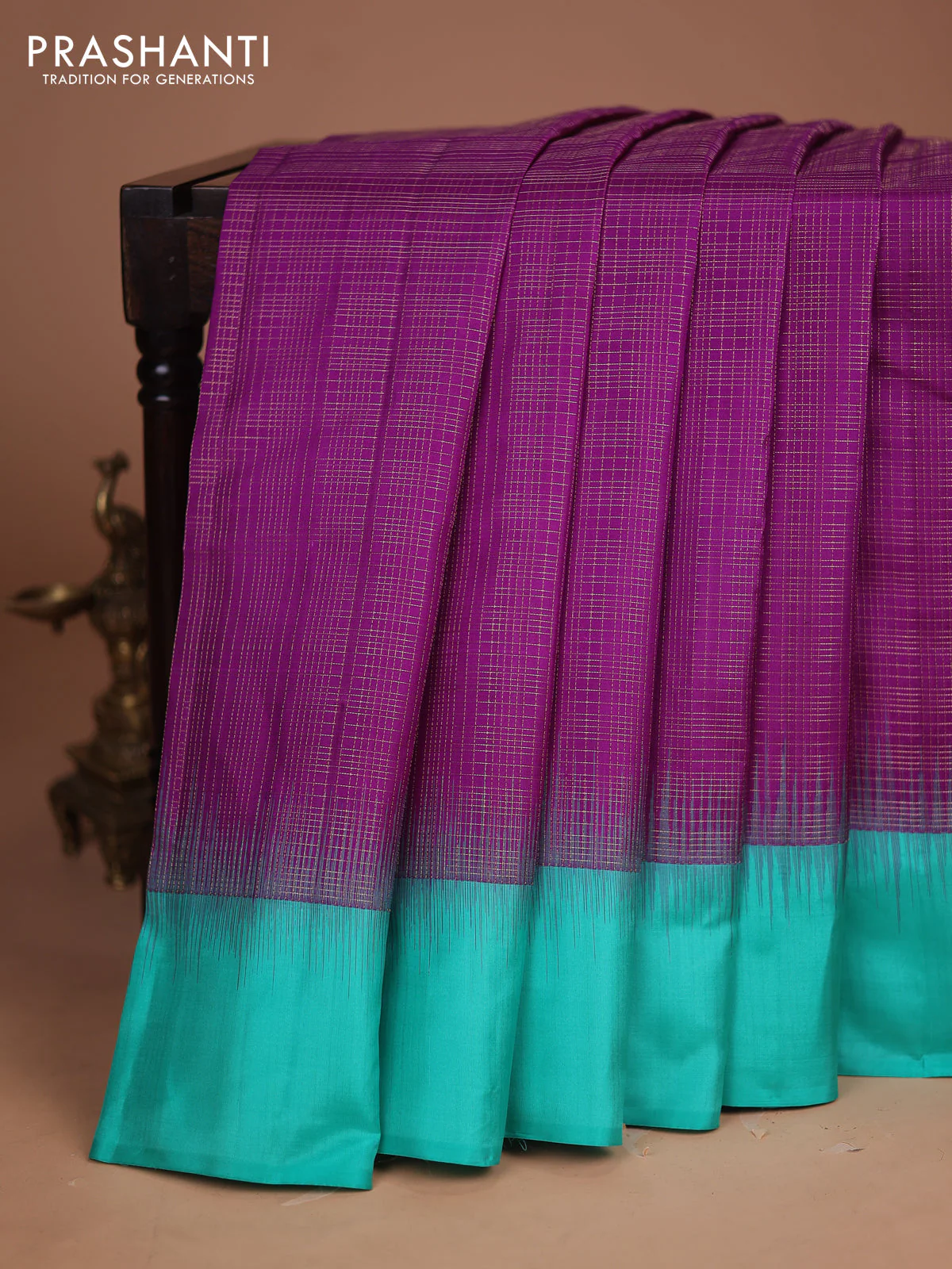 Pure kanchipuram silk saree purple and teal green with allover zari checked pattern and simple border