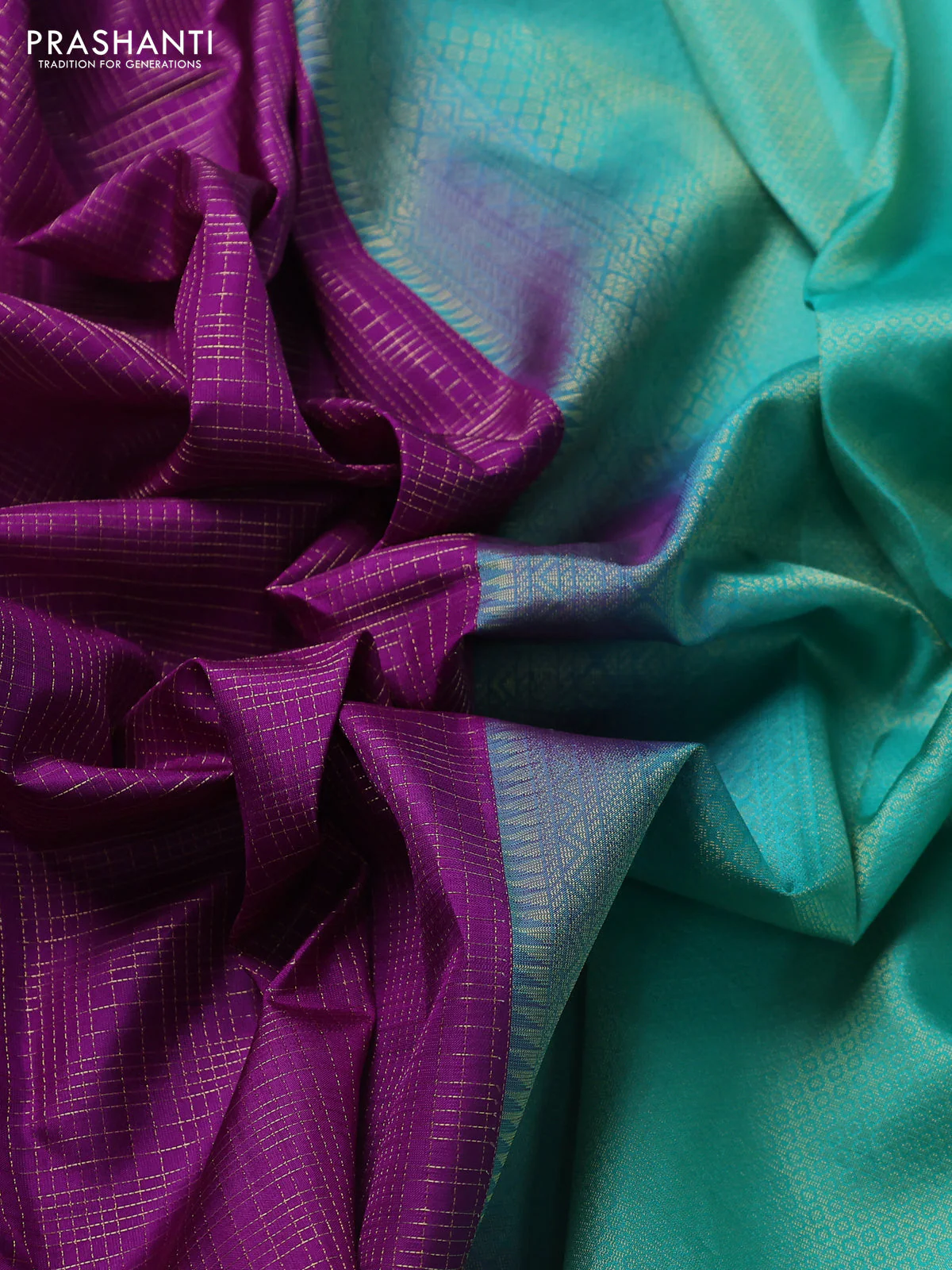 Pure kanchipuram silk saree purple and teal green with allover zari checked pattern and simple border - Image 3