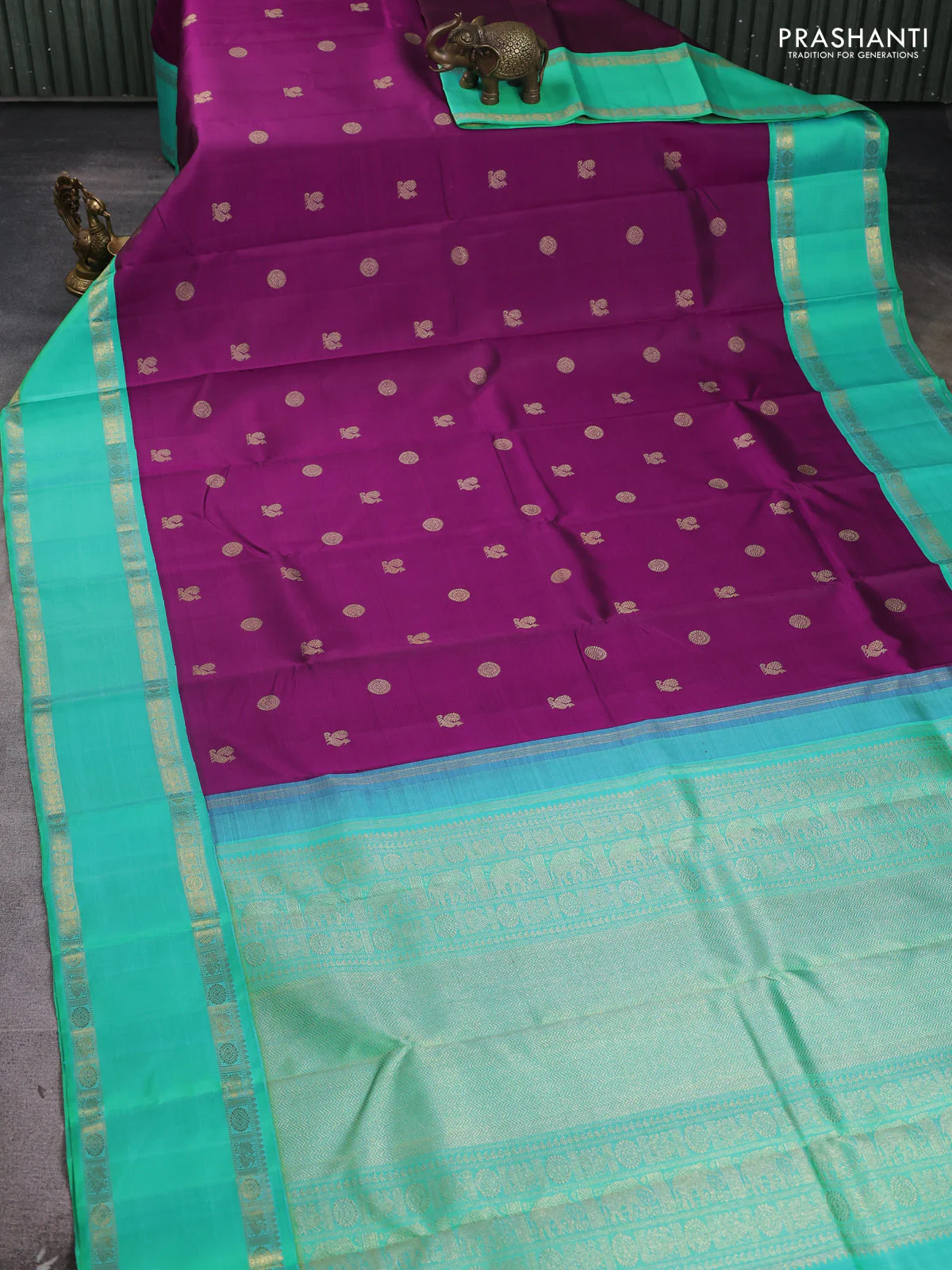Pure kanchipuram silk saree purple and teal green with rudhraksha & annam zari woven buttas and rettapet zari woven korvai border - Image 2