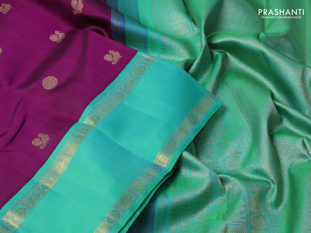 Pure kanchipuram silk saree purple and teal green with rudhraksha & annam zari woven buttas and rettapet zari woven korvai border - Image 3