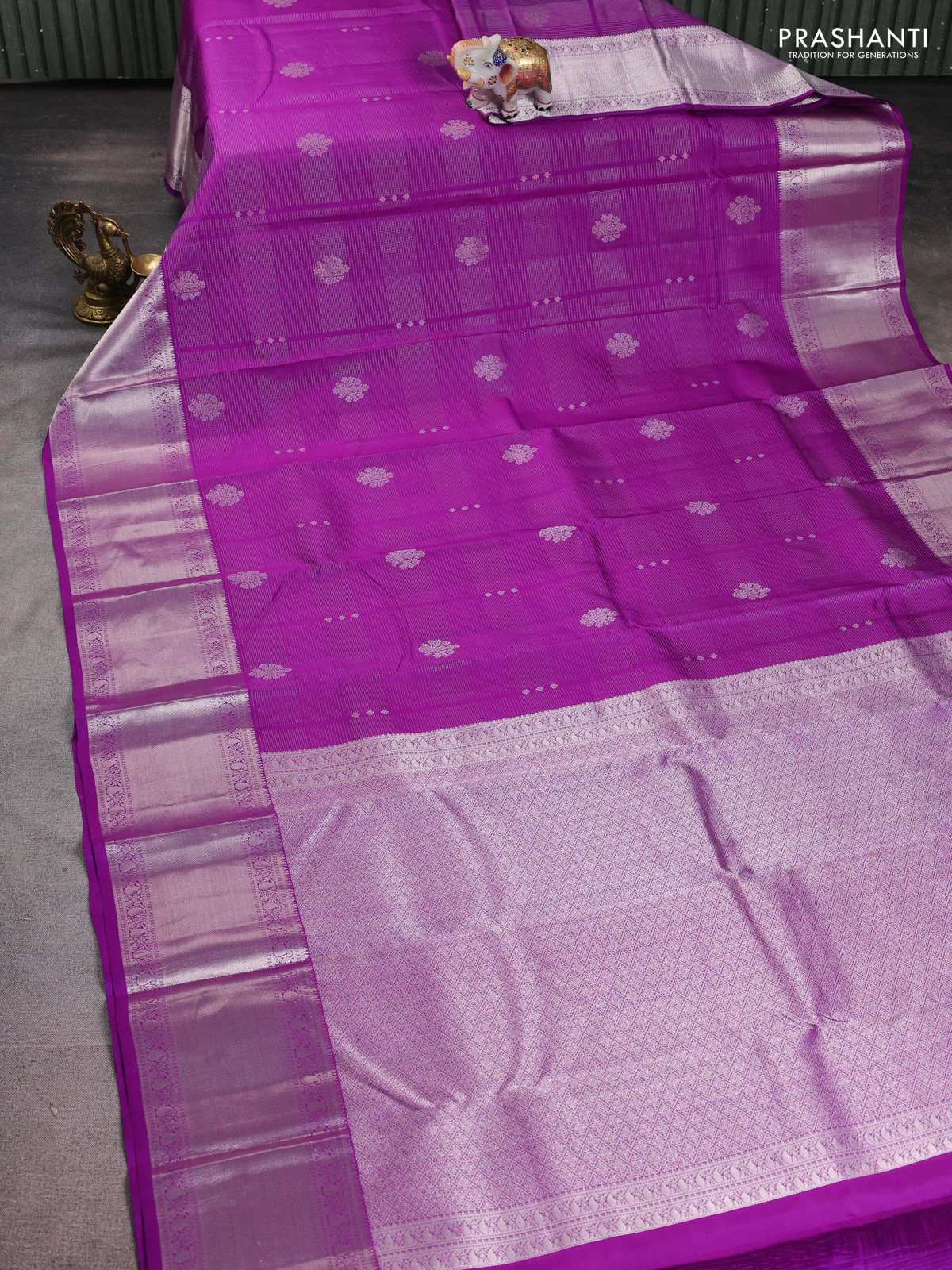 Pure kanchipuram silk saree purple shade with allover silver zari weaves & buttas and long silver zari woven border - Image 2