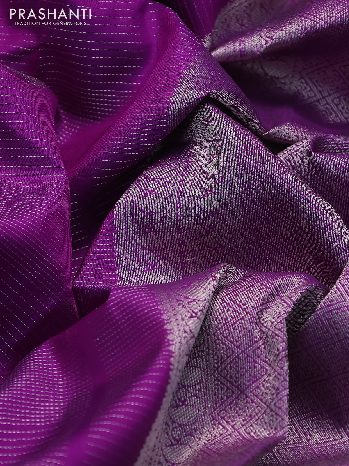 Pure kanchipuram silk saree purple shade with allover silver zari weaves & buttas and long silver zari woven border - Image 3