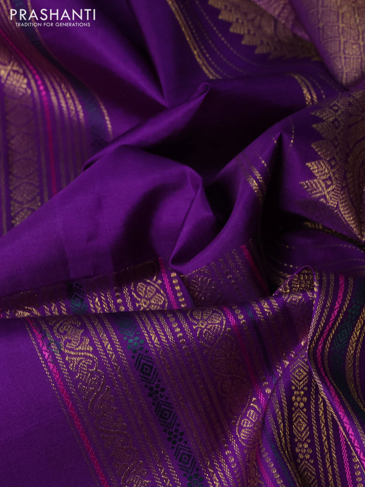Pure kanchipuram silk saree purple with allover antique zari weaves in borderless style - Image 3