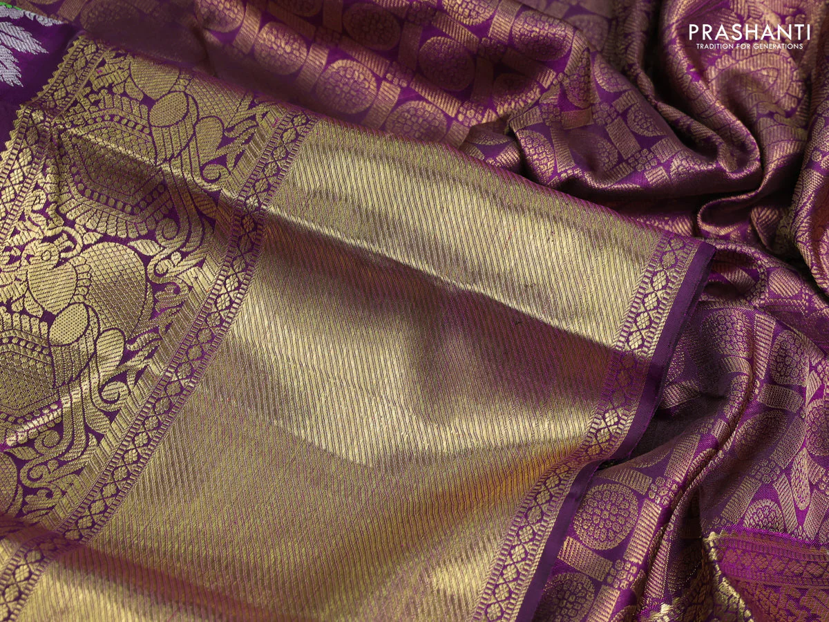 Pure kanchipuram silk saree purple with allover silver & gold zari leheriya weaves and long zari woven border - Image 3