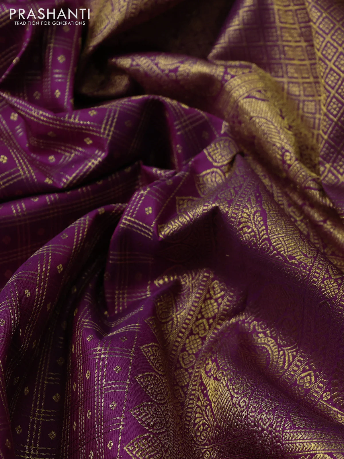 Pure kanchipuram silk saree purple with allover small zari checks & buttas and zari woven border - Image 3