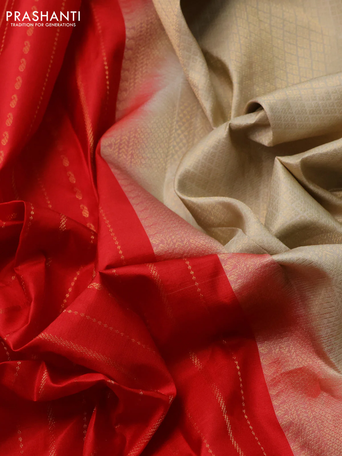Pure kanchipuram silk saree red and beige with allover stripes pattern and simple border - Image 3