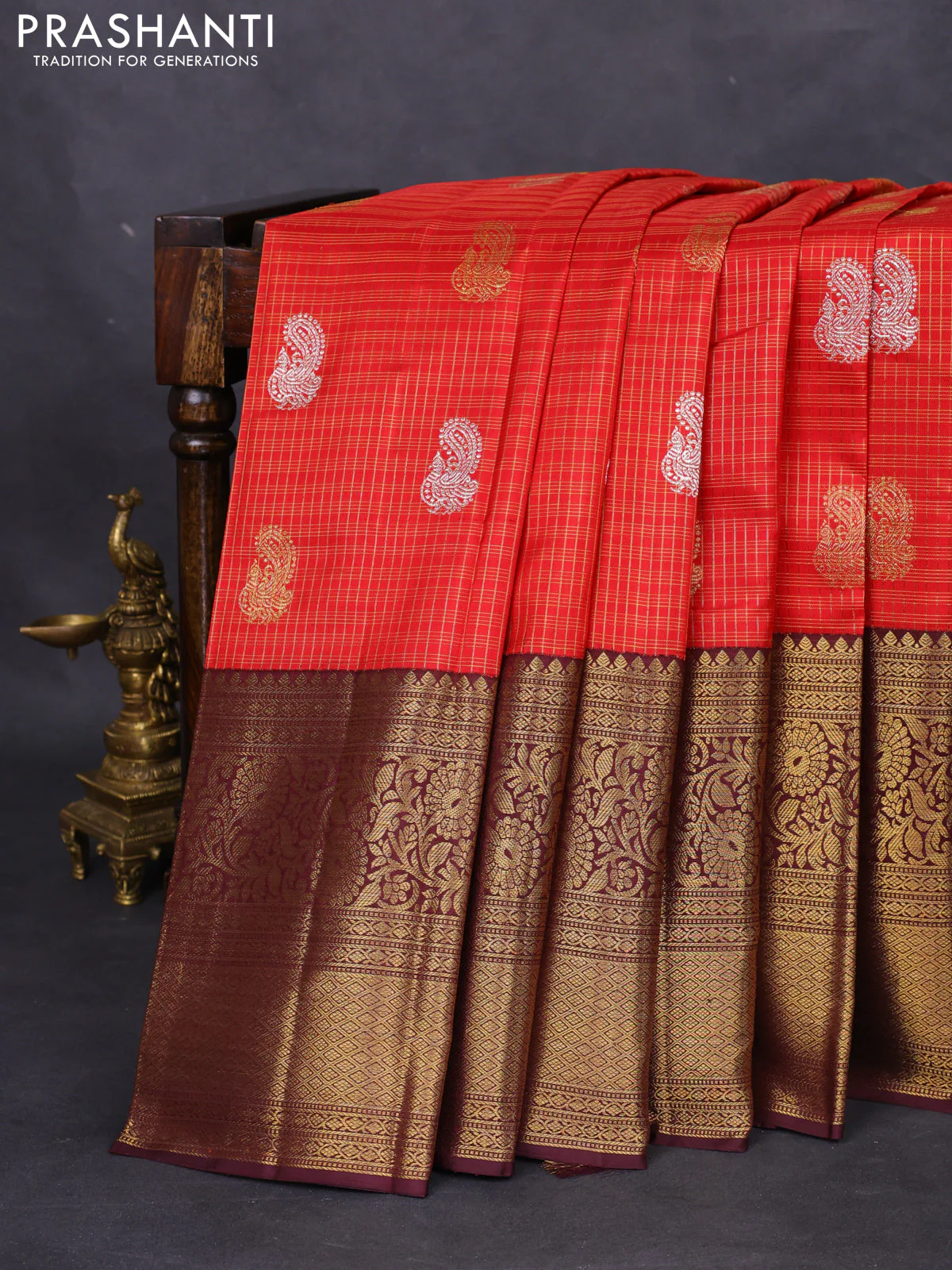 Pure kanchipuram silk saree red and coffee brown with allover zari checks & annam buttas and long rich zari woven border - Image 5