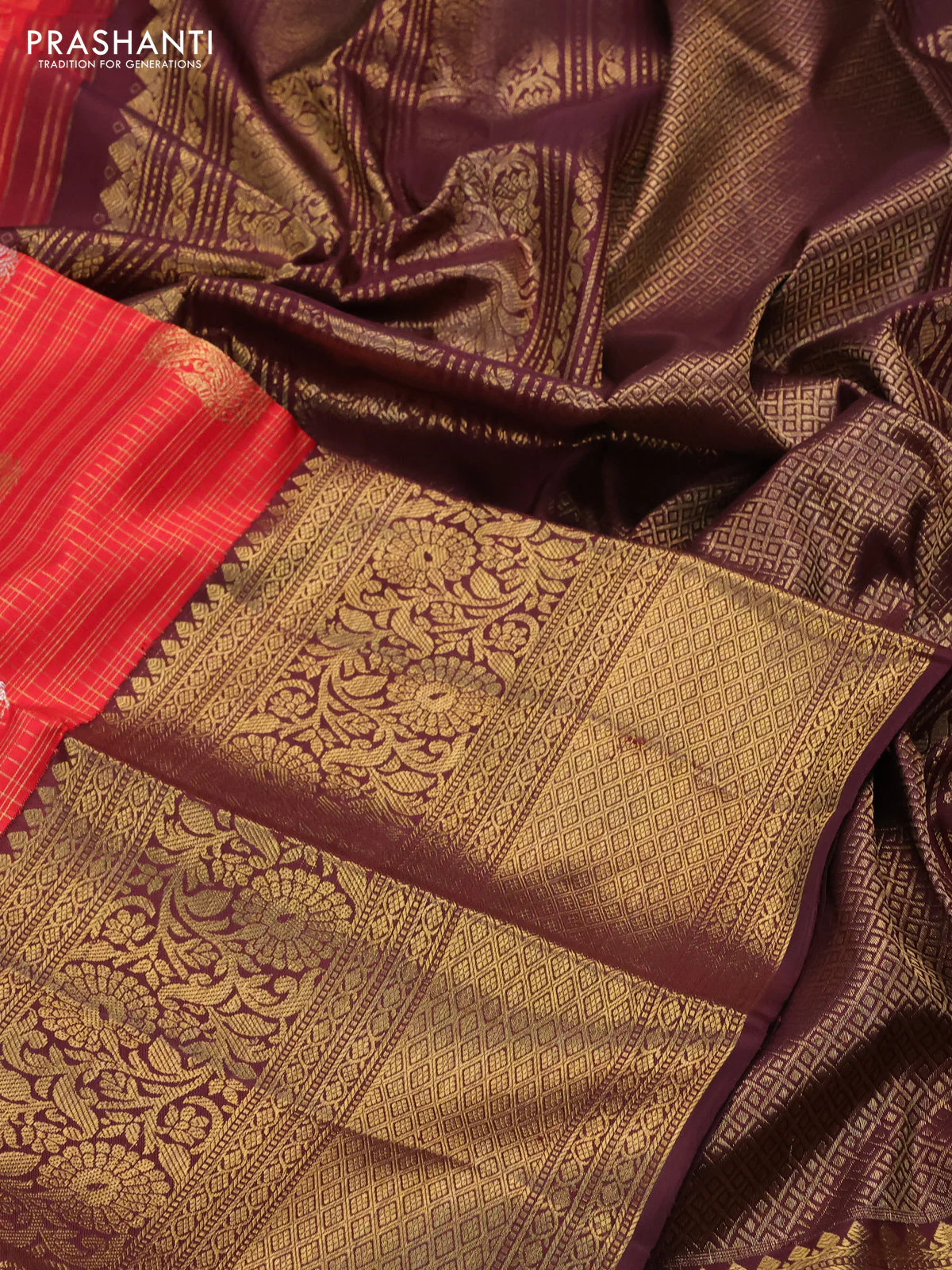 Pure kanchipuram silk saree red and coffee brown with allover zari checks & annam buttas and long rich zari woven border - Image 7