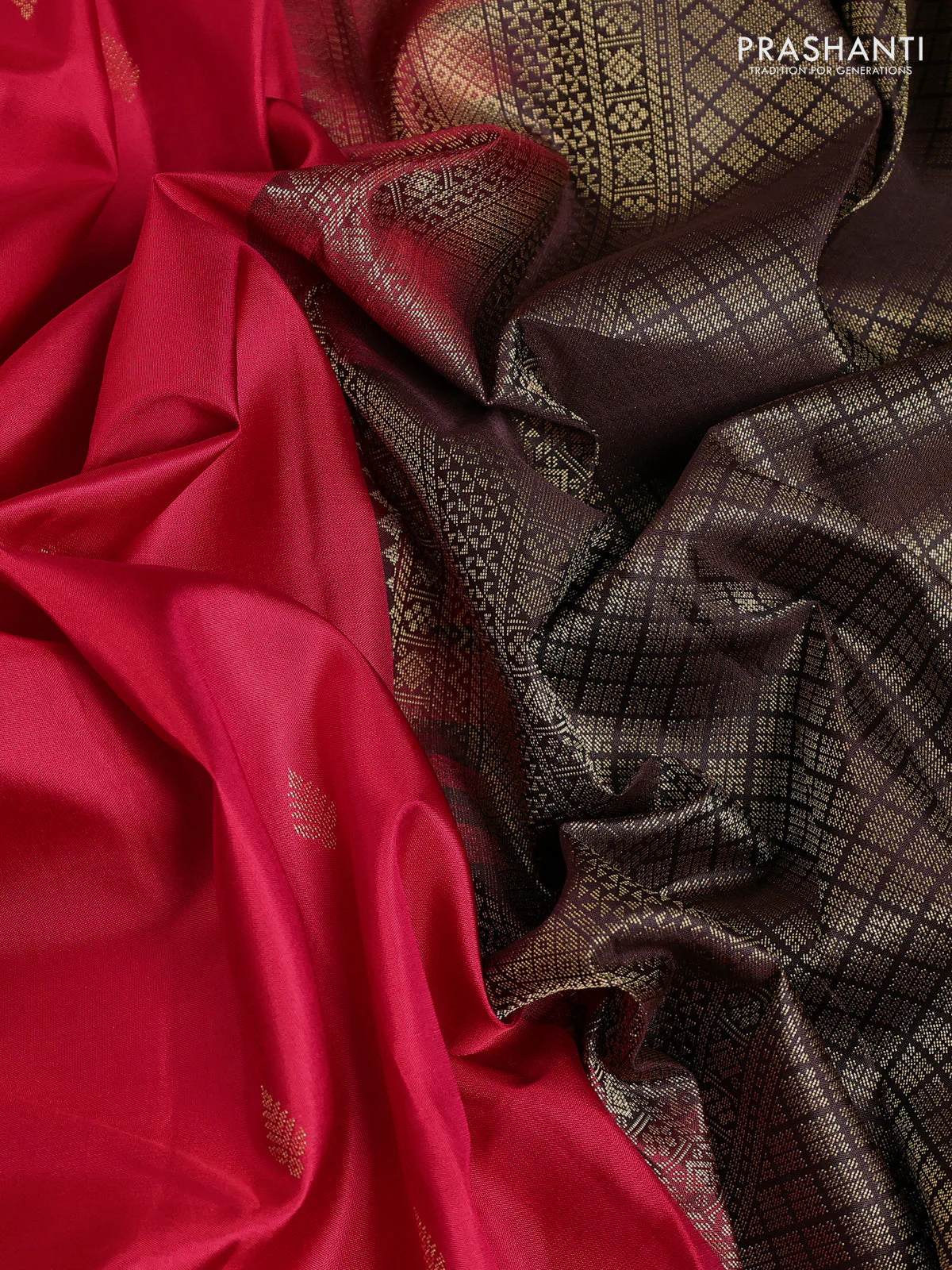 Pure kanchipuram silk saree red and coffee brown with zari woven buttas and zari woven butta border - Image 3