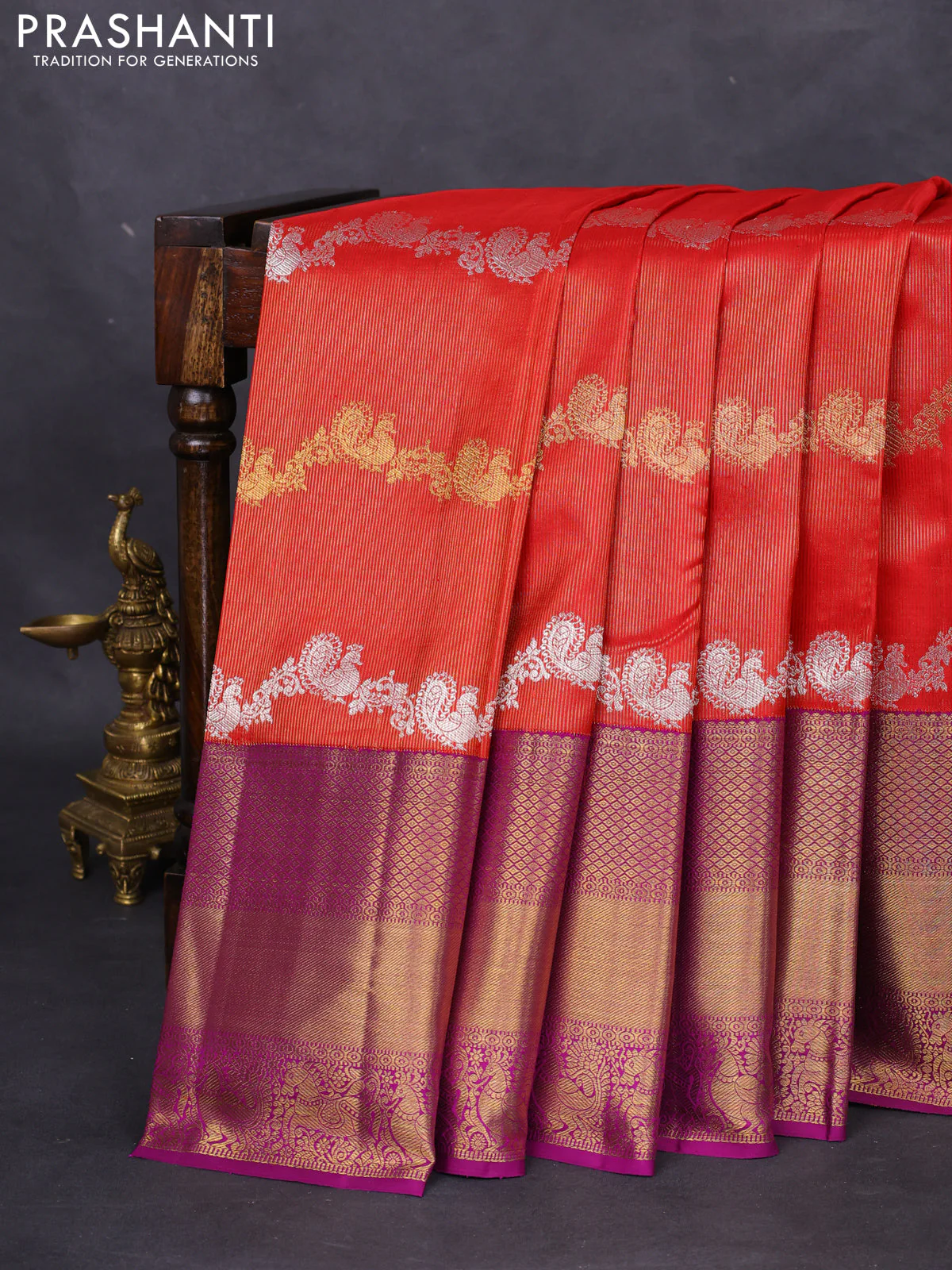 Pure kanchipuram silk saree red and deep purple with silver & gold zari woven annam weaves and rich zari woven border