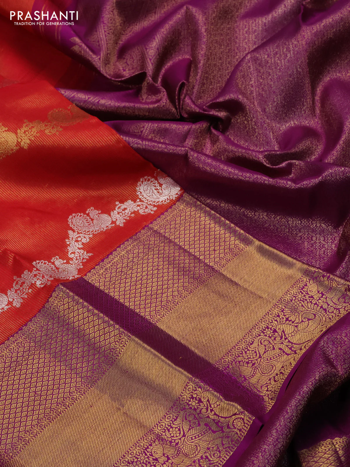 Pure kanchipuram silk saree red and deep purple with silver & gold zari woven annam weaves and rich zari woven border - Image 3