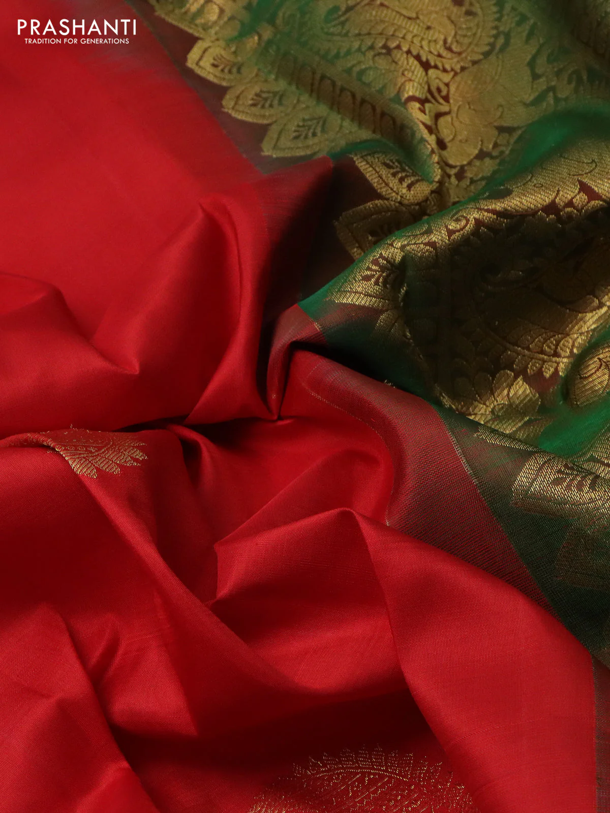 Pure kanchipuram silk saree red and dual shade of green with zari woven buttas and zari woven border - Image 3
