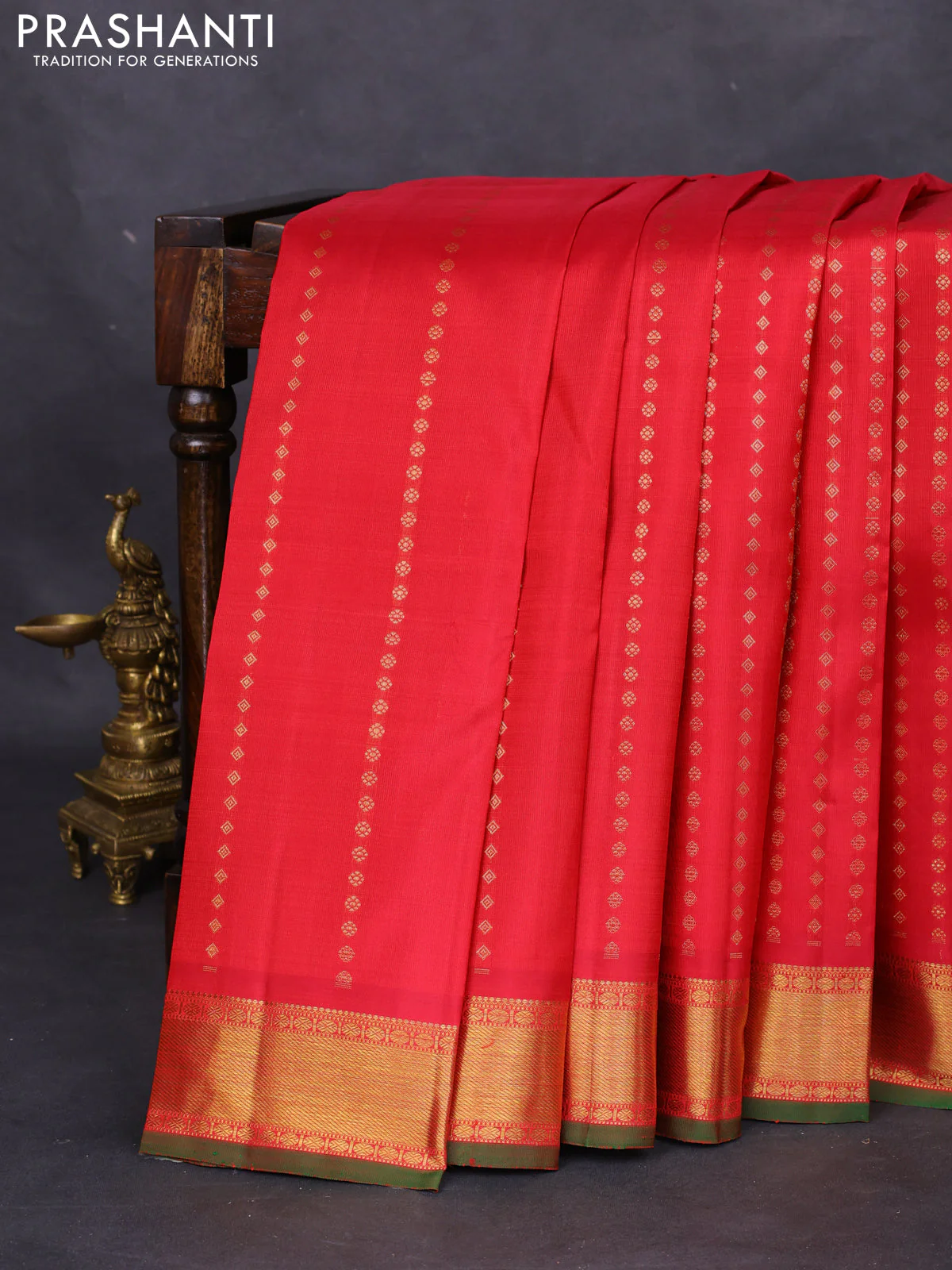 Pure kanchipuram silk saree red and green with allover zari woven 1000 buttas and zari woven border - Image 2