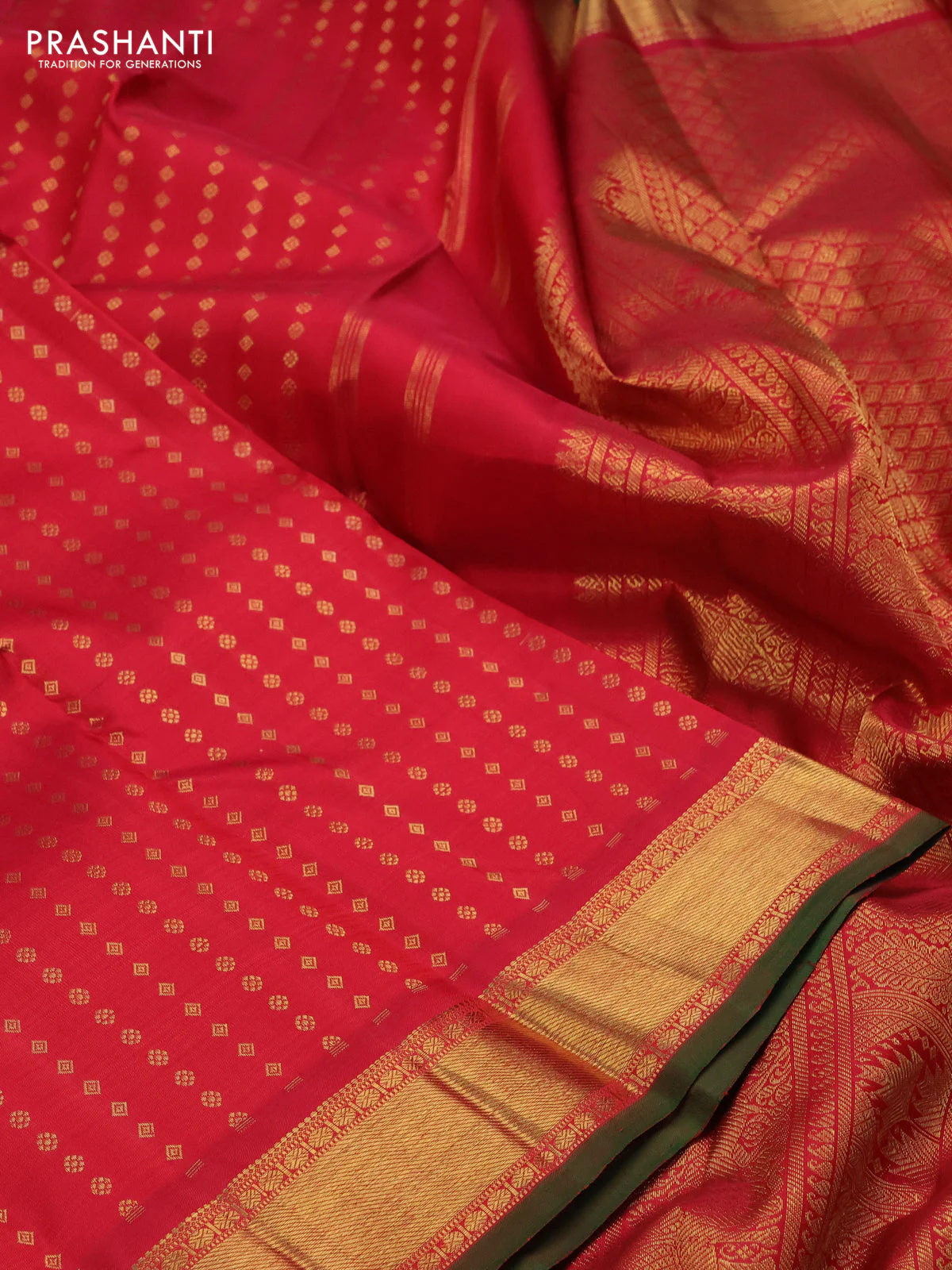 Pure kanchipuram silk saree red and green with allover zari woven 1000 buttas and zari woven border - Image 4