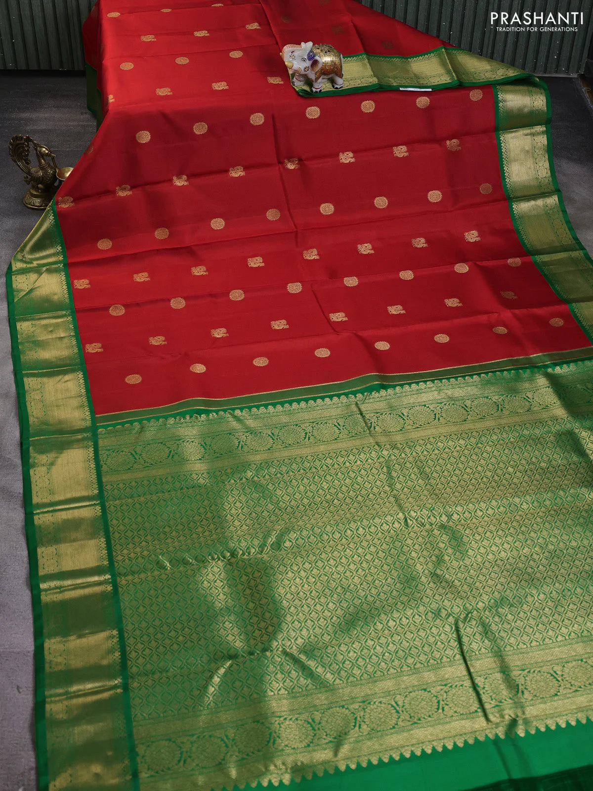 Pure kanchipuram silk saree red and green with annam & rudhraksha zari woven buttas and rich zari woven border - Image 2