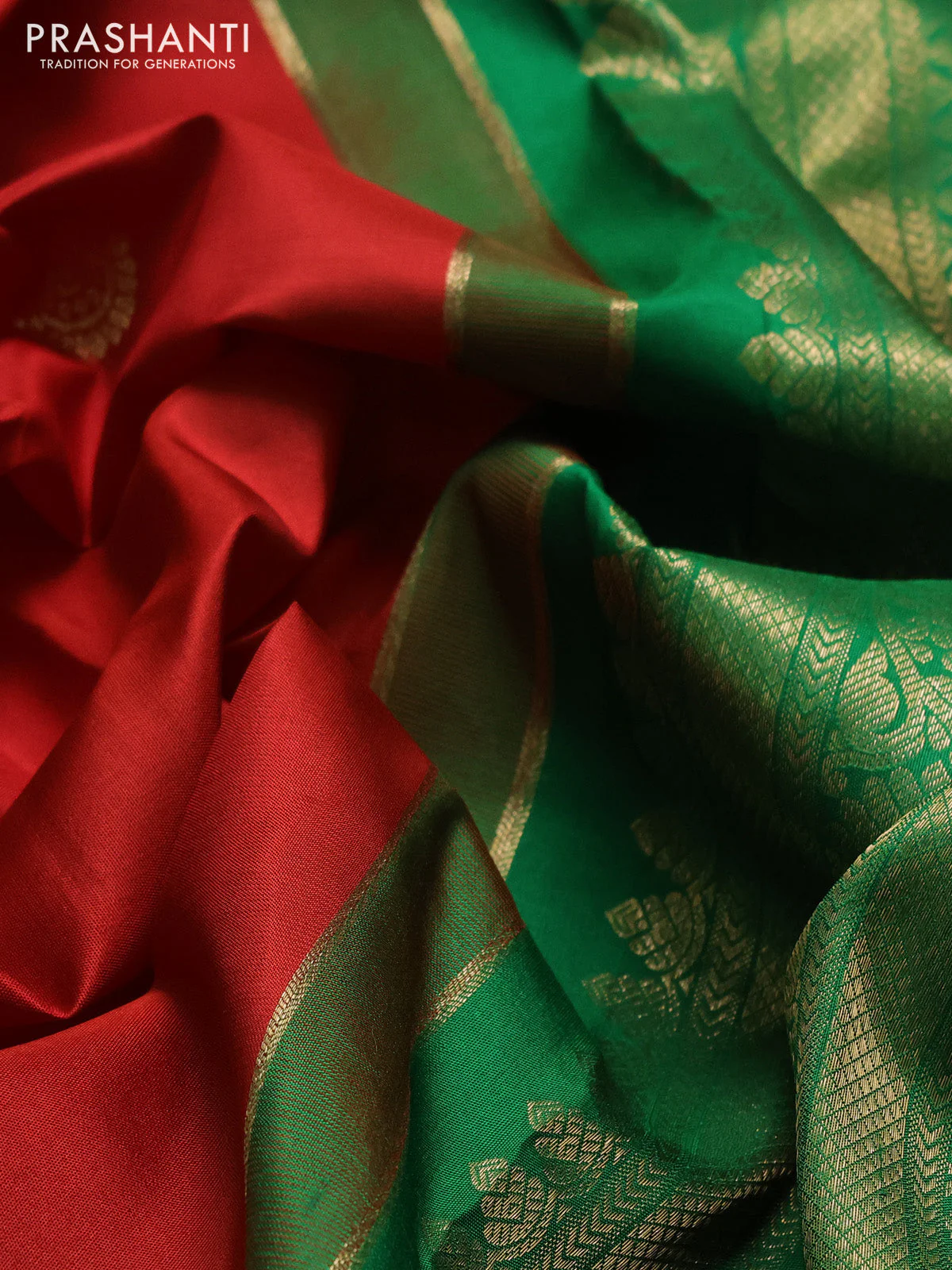 Pure kanchipuram silk saree red and green with annam & rudhraksha zari woven buttas and rich zari woven border - Image 3