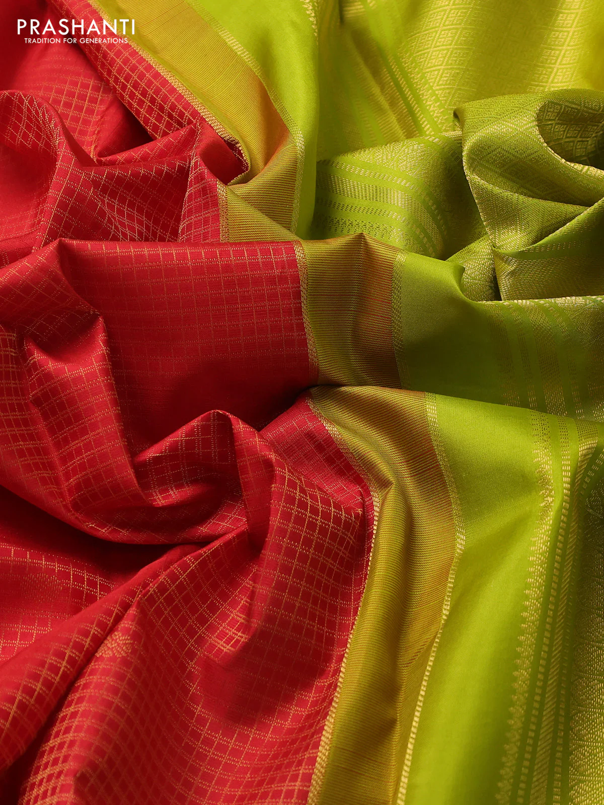 Pure kanchipuram silk saree red and lime green with allover small zari checks & buttas and zari woven korvai border - Image 3