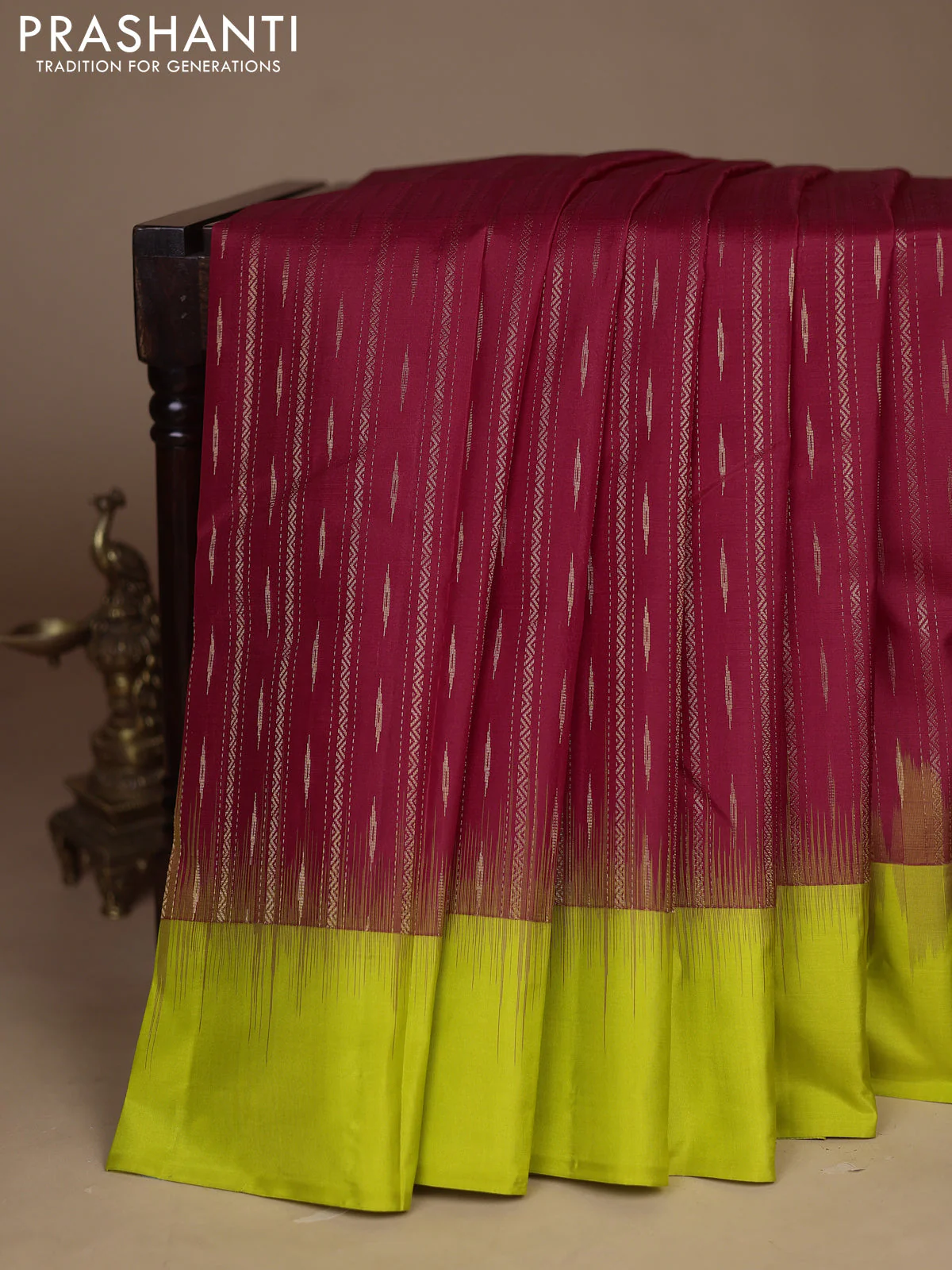 Pure kanchipuram silk saree red and lime green with allover zari weaves pattern and simple border