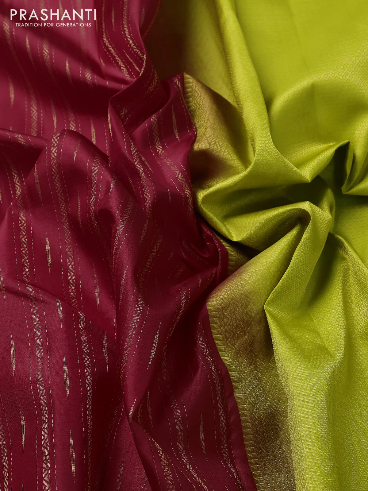 Pure kanchipuram silk saree red and lime green with allover zari weaves pattern and simple border - Image 3