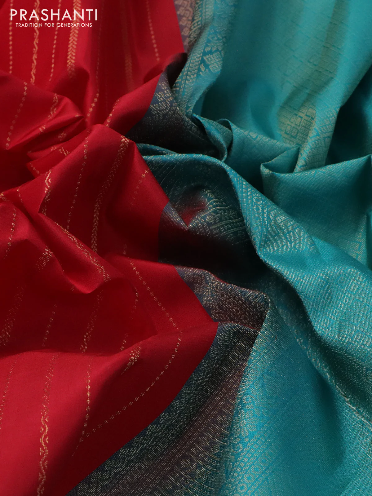 Pure kanchipuram silk saree red and teal blue with allover zari weaves and simple border - Image 3