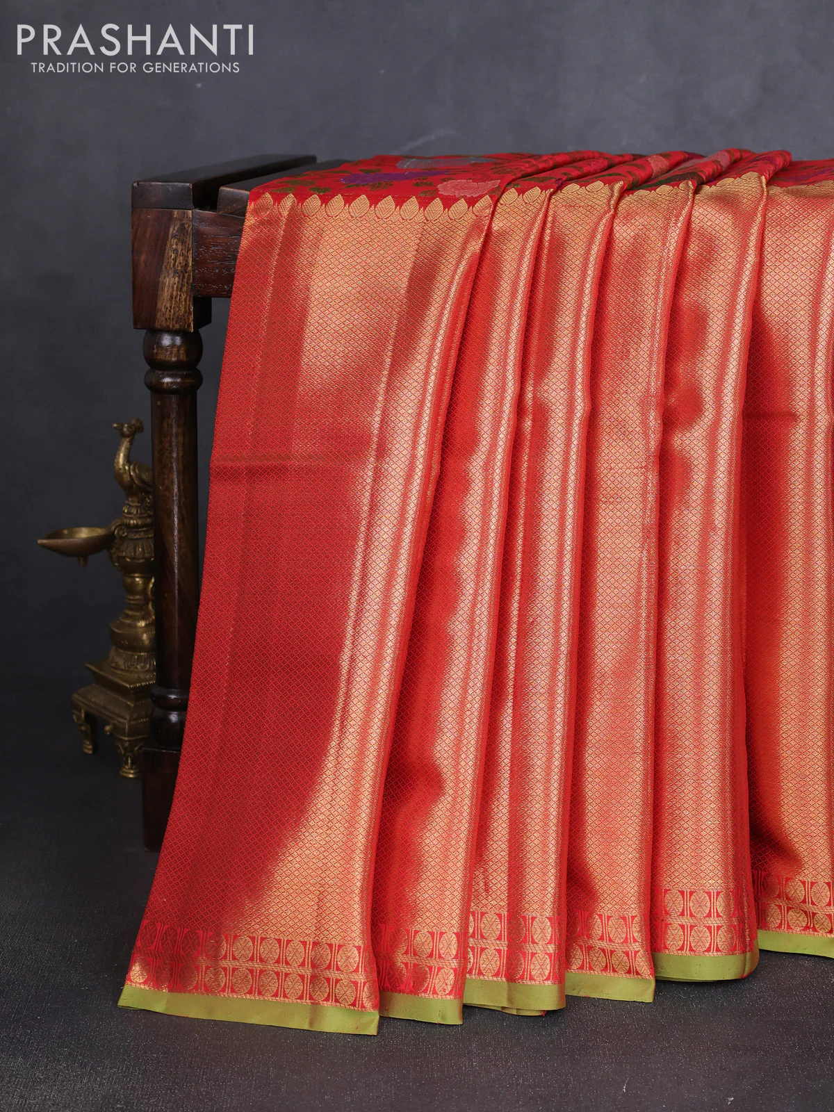Pure kanchipuram silk saree red and  with allover mina weaves and long zari woven border - Image 2