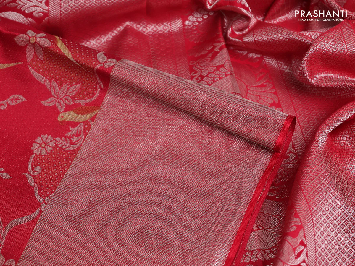 Pure kanchipuram silk saree red with allover silver & gold zari woven brocade weaves and zari woven border - Image 3