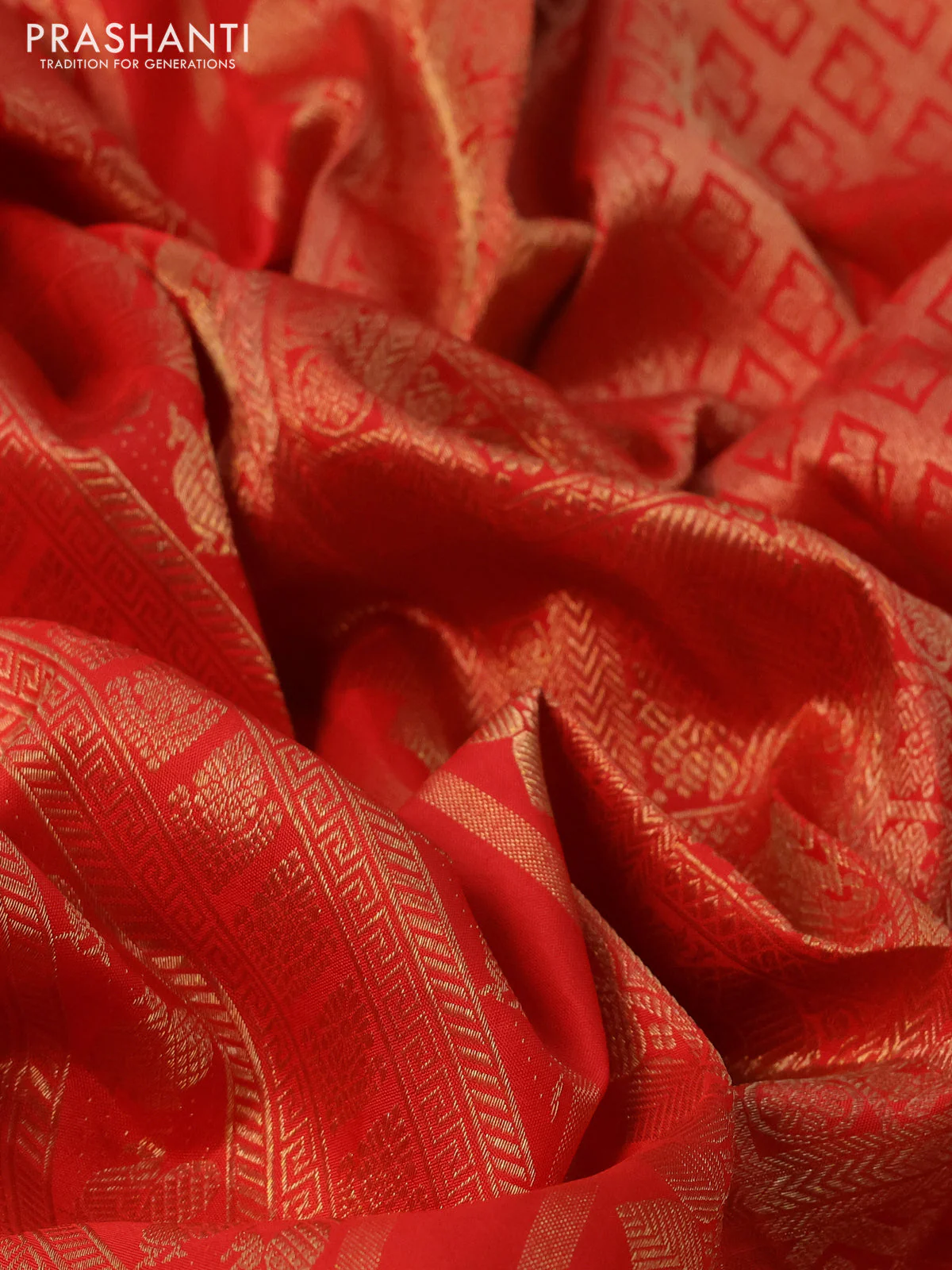 Pure kanchipuram silk saree red with allover zari woven brocade weaves and annam zari woven border - Image 11