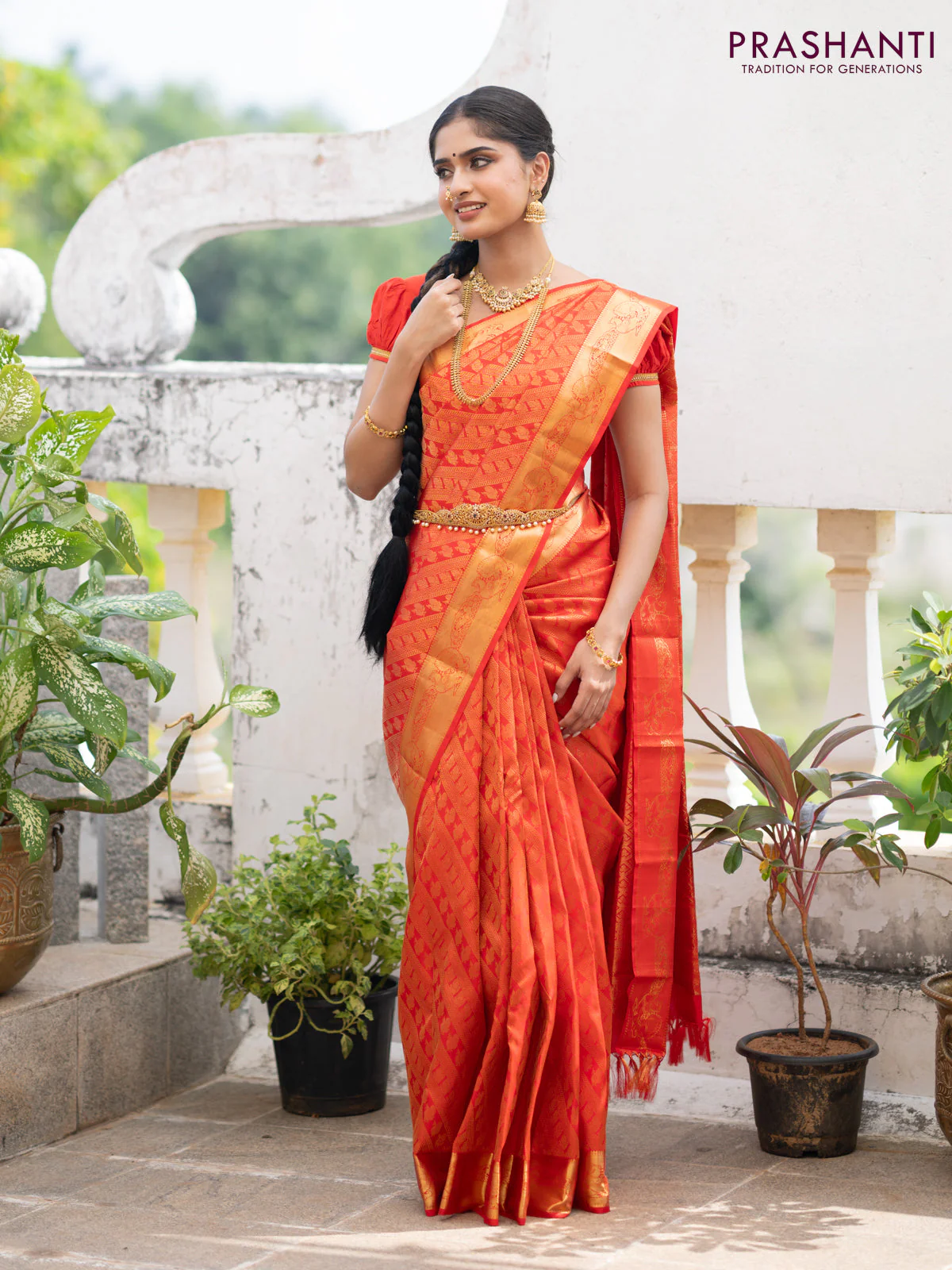 Pure kanchipuram silk saree red with allover zari woven brocade weaves and annam zari woven border - Image 2