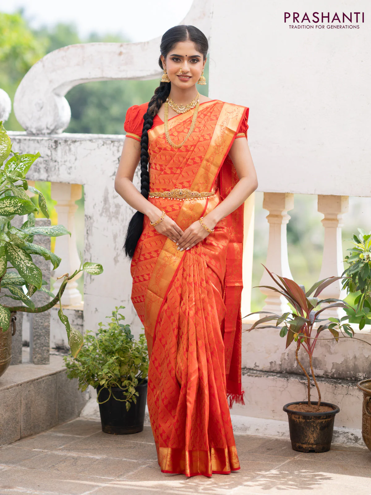 Pure kanchipuram silk saree red with allover zari woven brocade weaves and annam zari woven border - Image 3