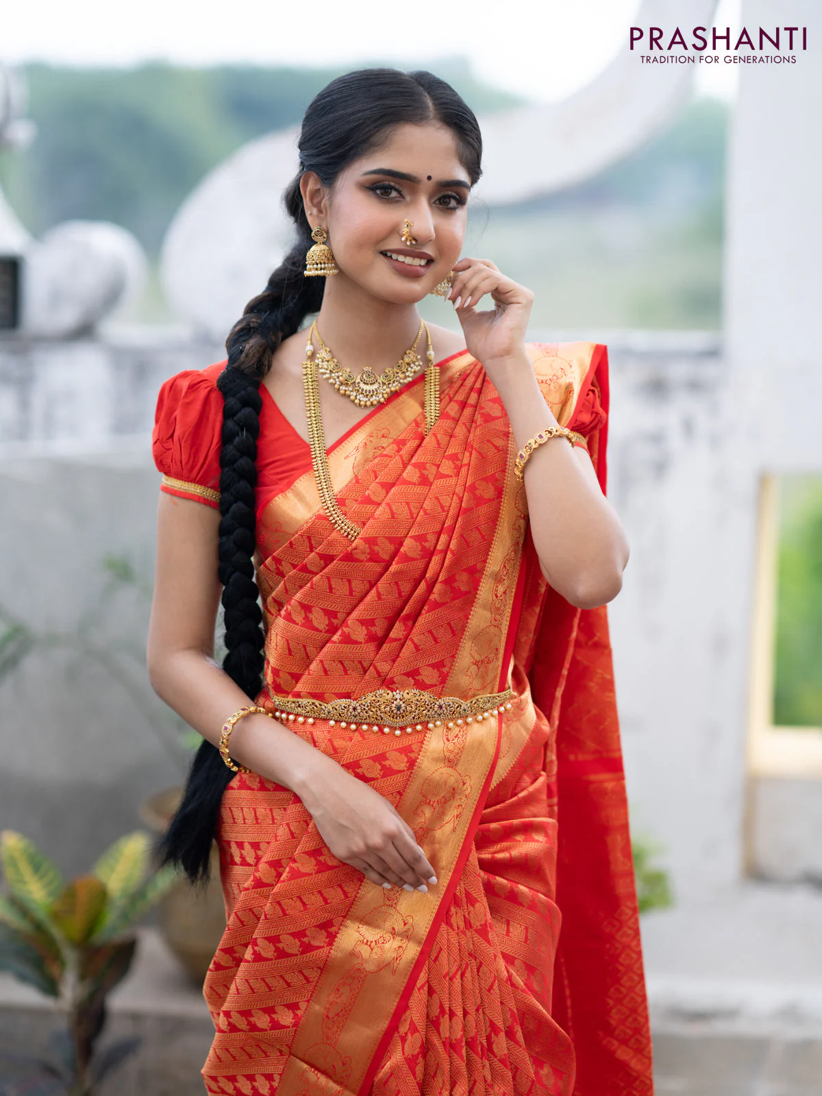 Pure kanchipuram silk saree red with allover zari woven brocade weaves and annam zari woven border - Image 6