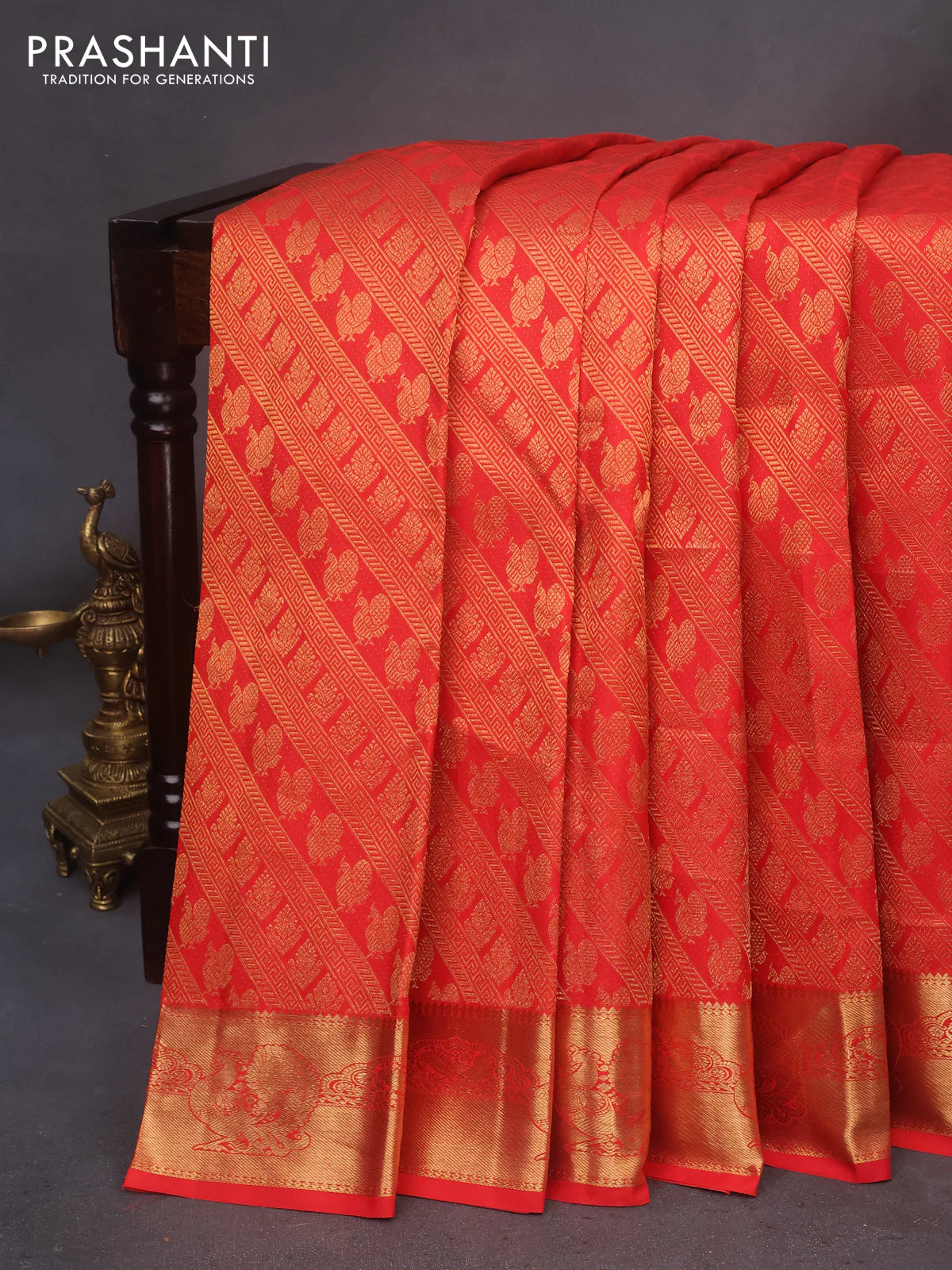 Pure kanchipuram silk saree red with allover zari woven brocade weaves and annam zari woven border - Image 9