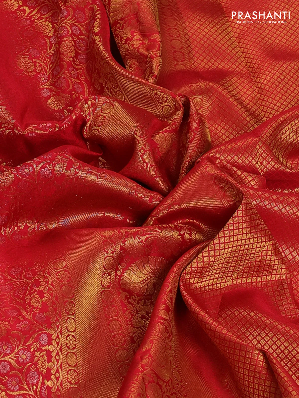 Pure kanchipuram silk saree red with allover zari woven brocade weaves and long zari woven border - Image 3