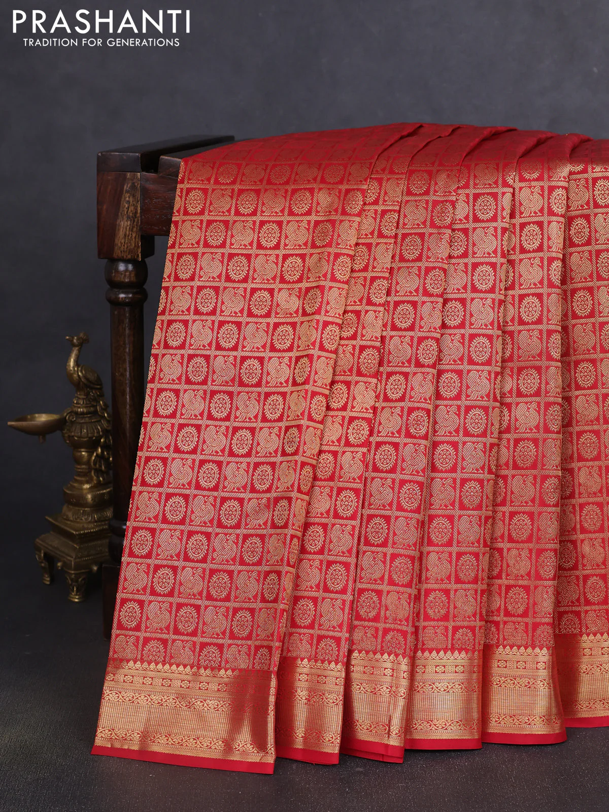 Pure kanchipuram silk saree red with allover zari woven brocade weaves and rich zari woven border