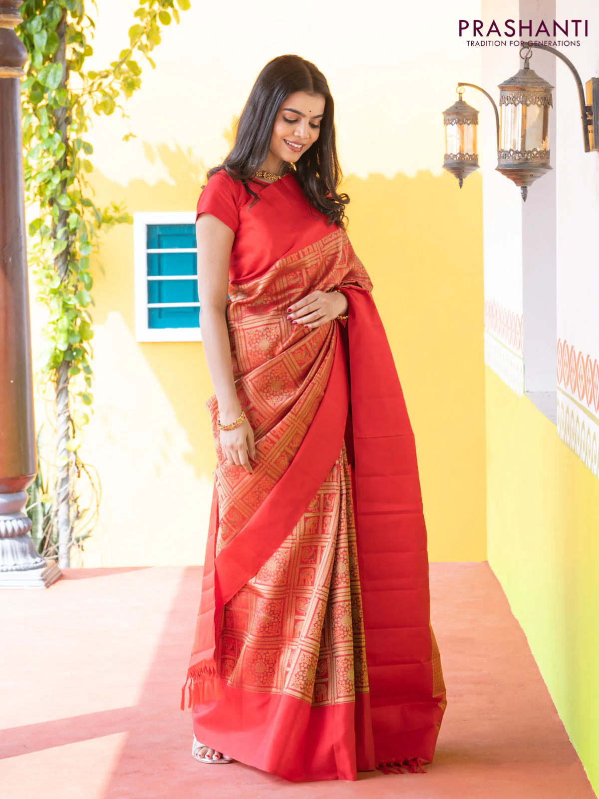 Pure kanchipuram silk saree red with allover zari woven brocade weaves and simple border - Image 2