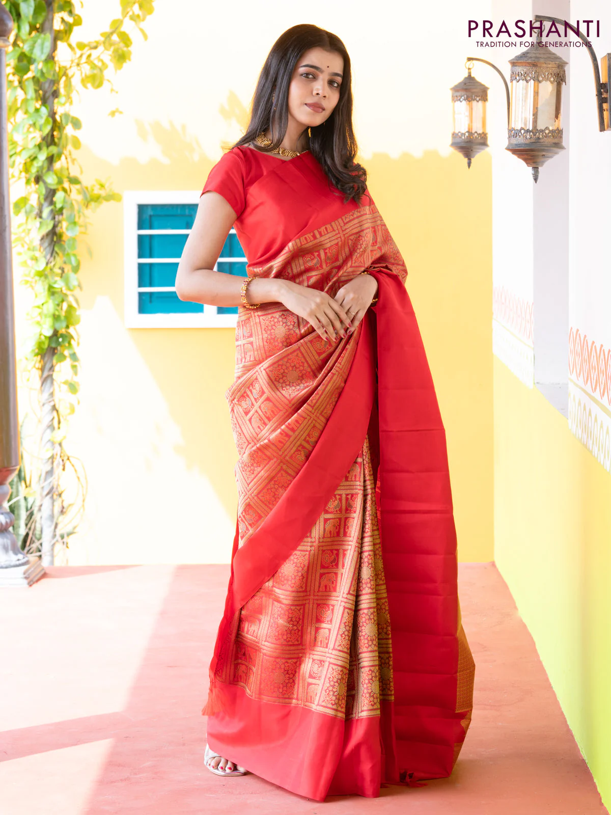 Pure kanchipuram silk saree red with allover zari woven brocade weaves and simple border - Image 3