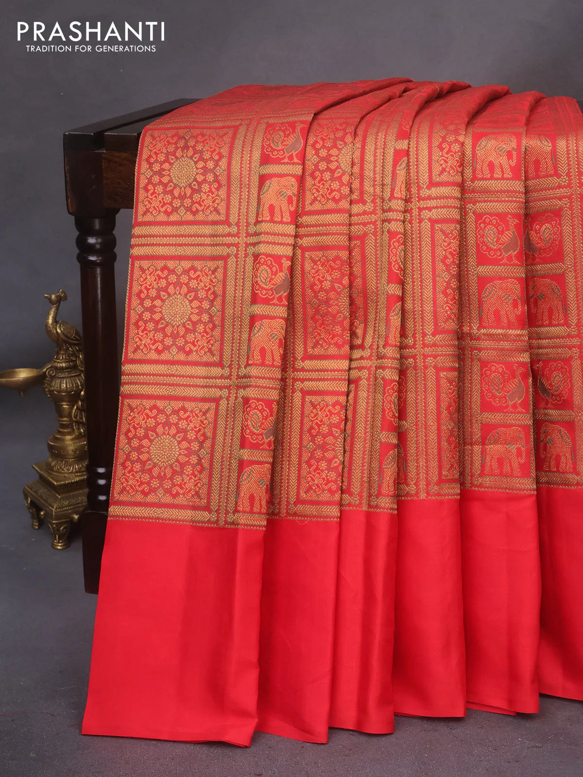 Pure kanchipuram silk saree red with allover zari woven brocade weaves and simple border - Image 6