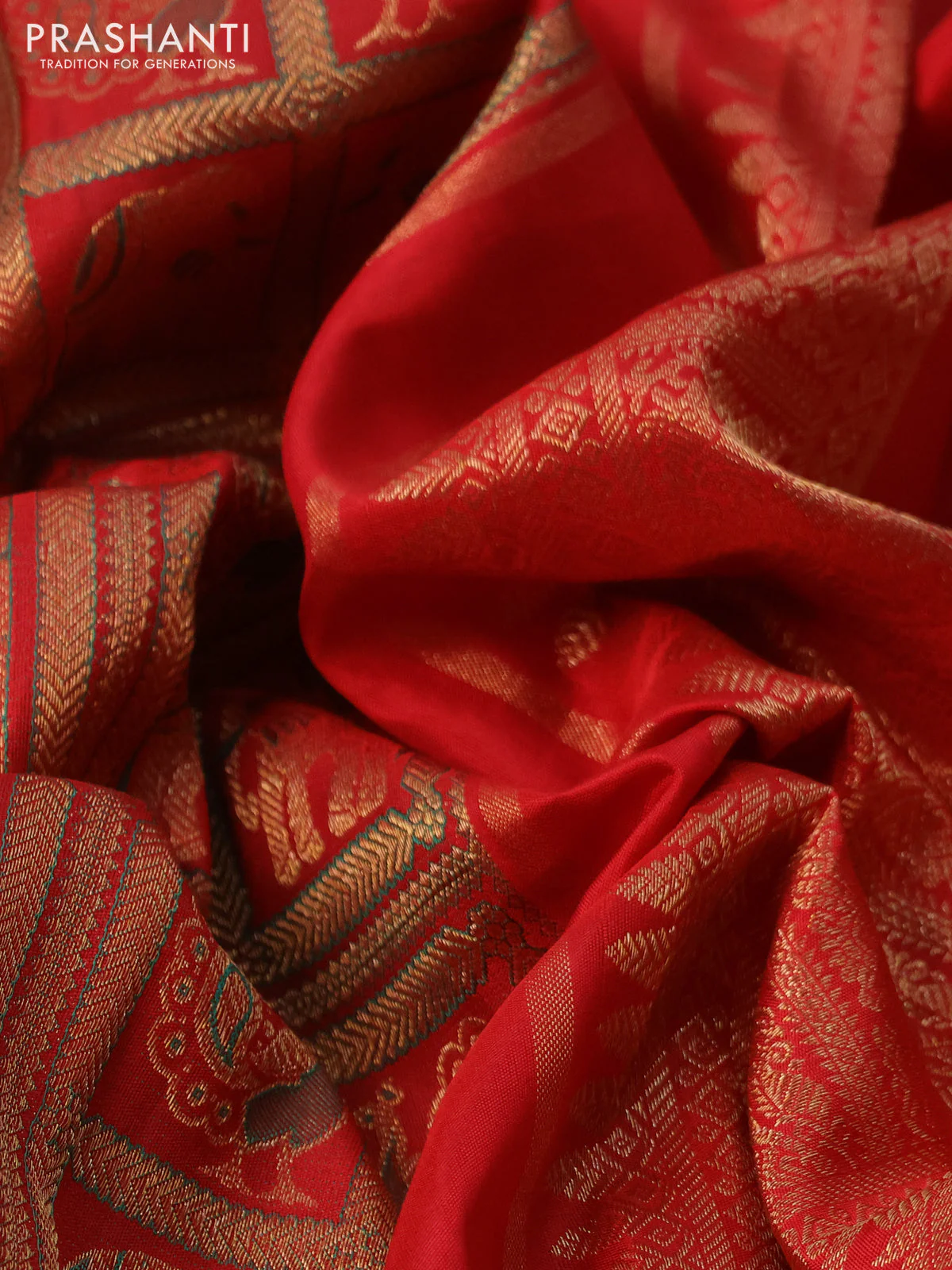 Pure kanchipuram silk saree red with allover zari woven brocade weaves and simple border - Image 8