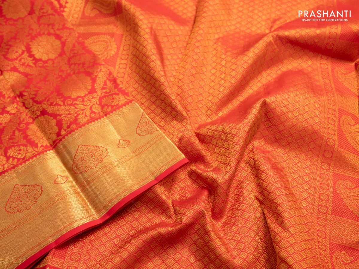 Pure kanchipuram silk saree red with allover zari woven brocade weaves and zari woven border - Image 3