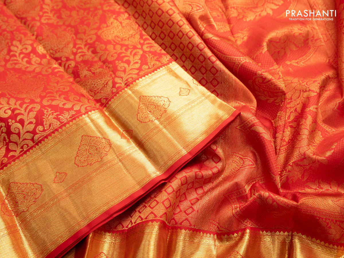 Pure kanchipuram silk saree red with allover zari woven brocade weaves and zari woven border - Image 4
