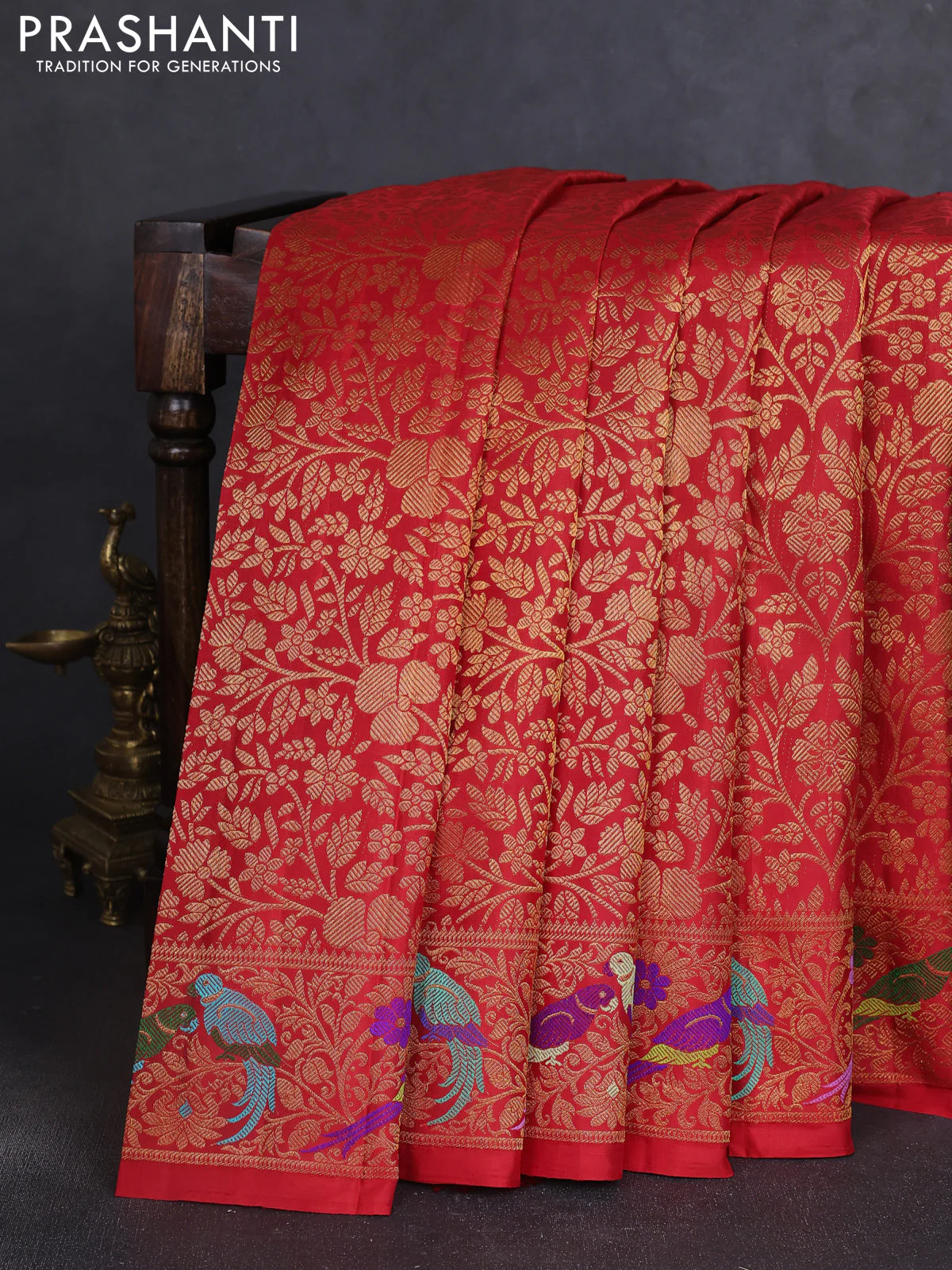 Pure kanchipuram silk saree red with allover zari woven brocade weaves and zari woven parrot design border
