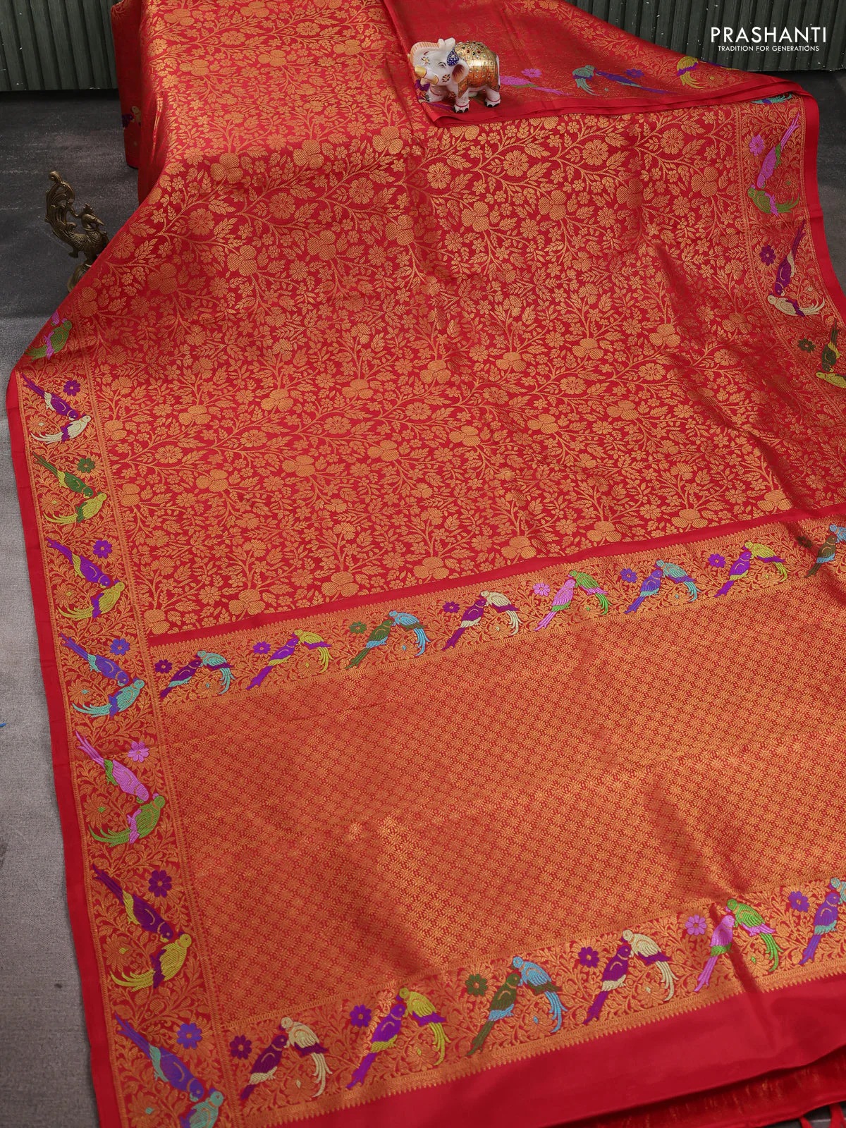 Pure kanchipuram silk saree red with allover zari woven brocade weaves and zari woven parrot design border - Image 2
