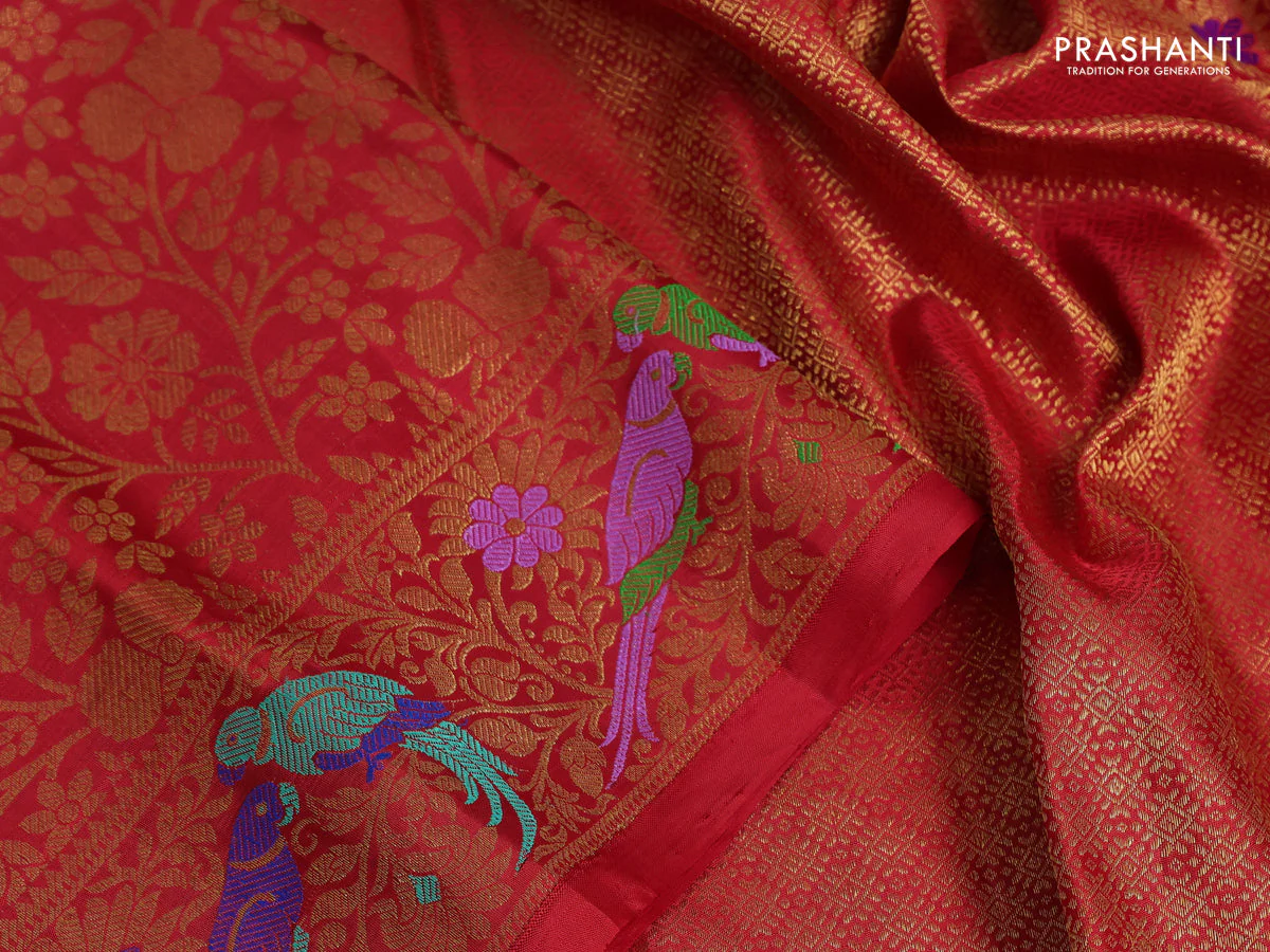 Pure kanchipuram silk saree red with allover zari woven brocade weaves and zari woven parrot design border - Image 3