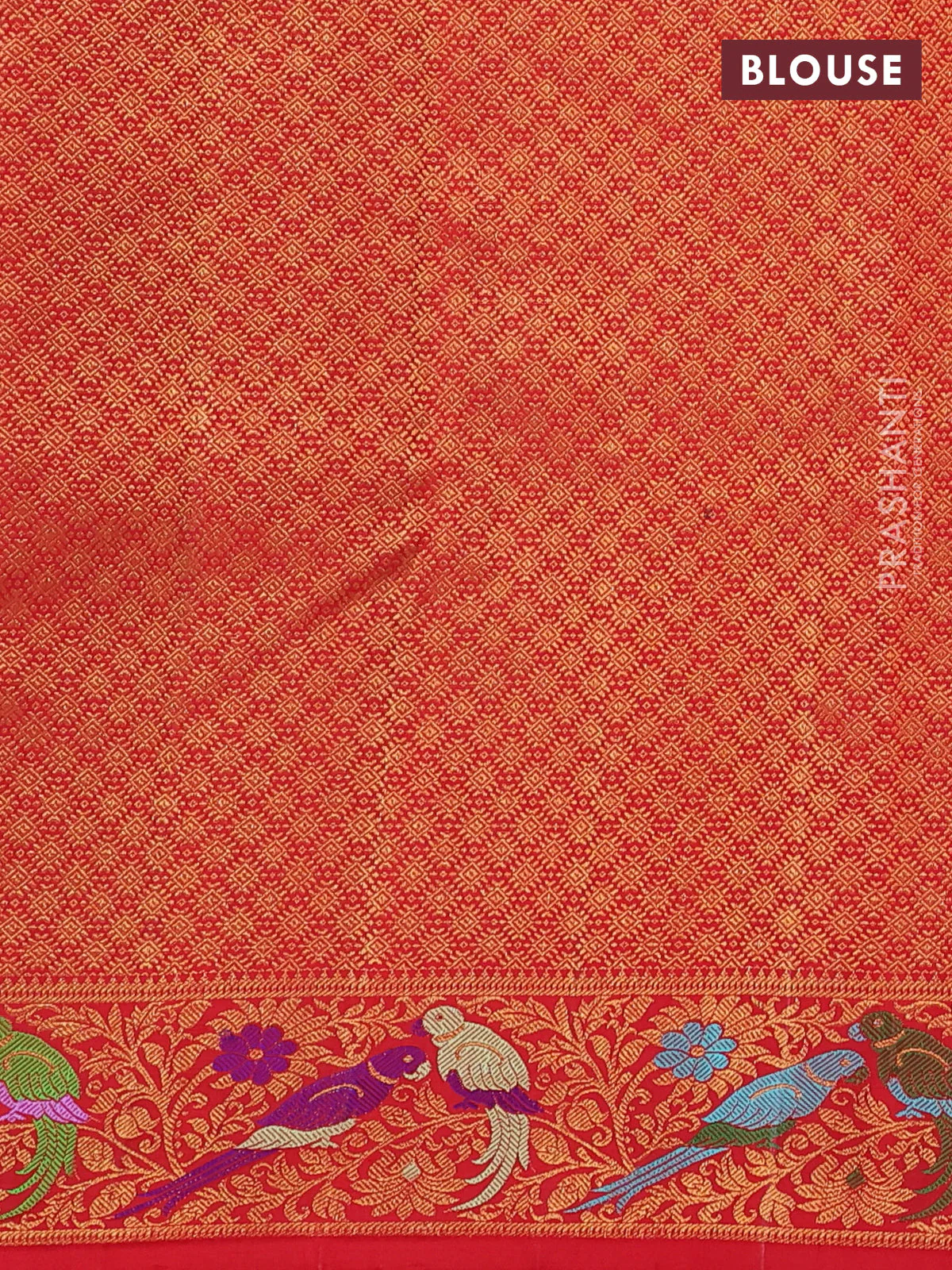 Pure kanchipuram silk saree red with allover zari woven brocade weaves and zari woven parrot design border - Image 4