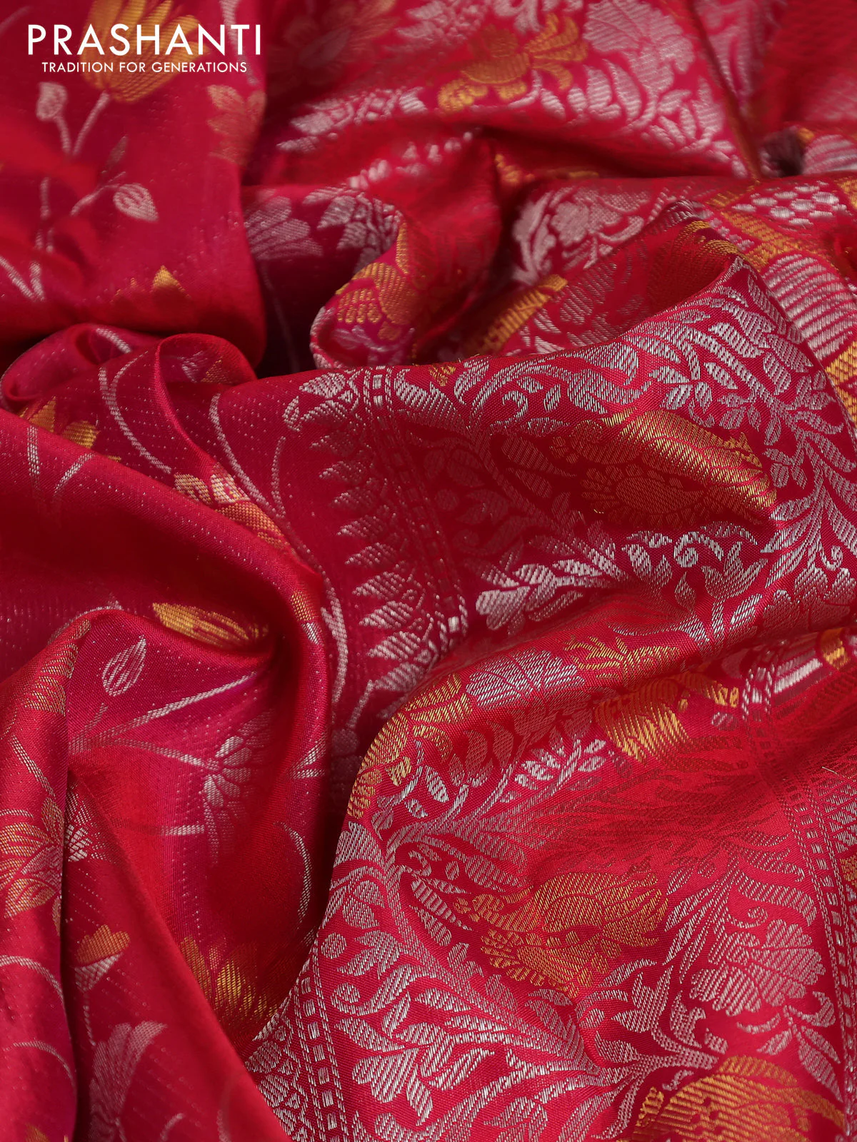 Pure kanchipuram silk saree reddish pink with floral motif zari weaves and silver zari woven border - Image 9