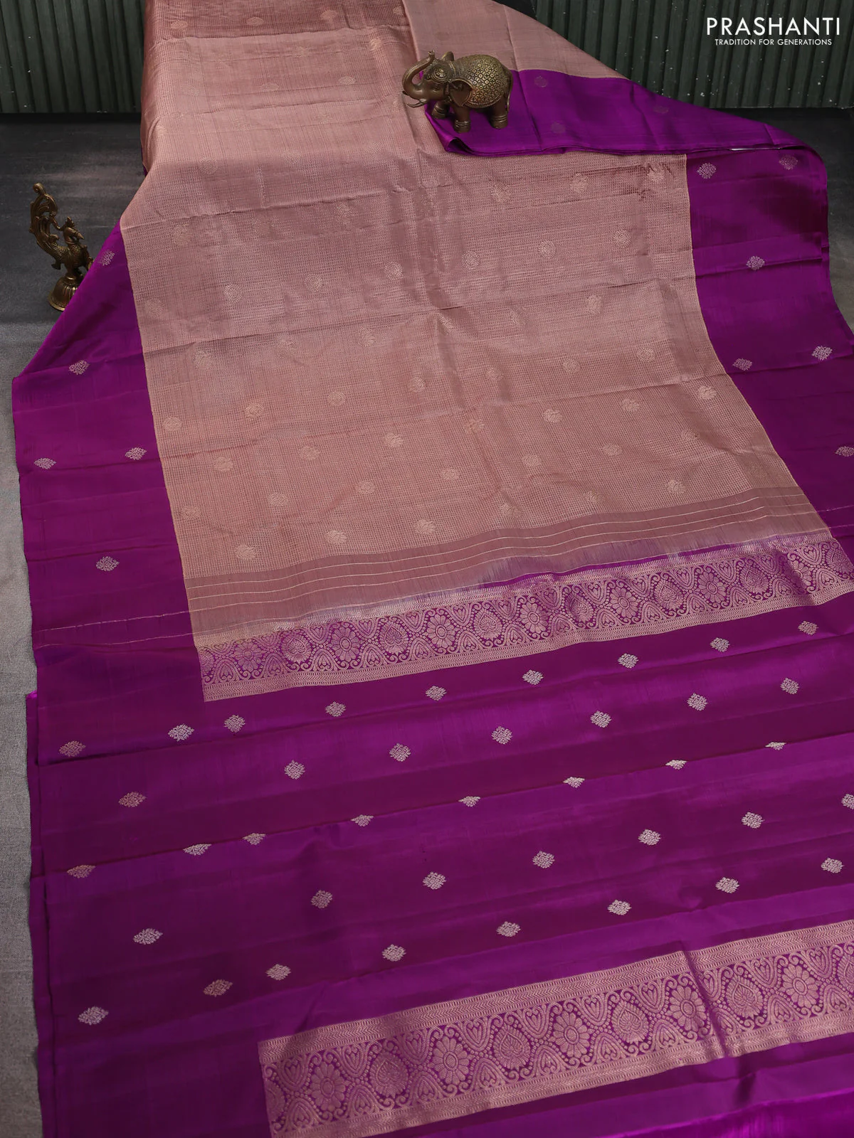 Pure kanchipuram silk saree rosy brown and purple with allover small zari checks & buttas and long zari woven butta border - Image 2
