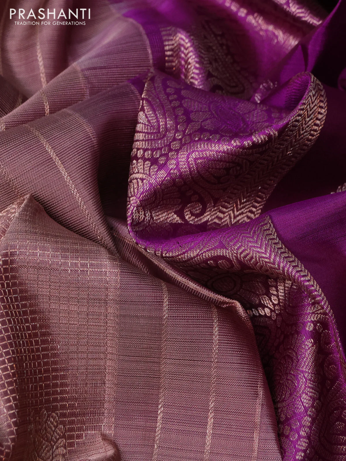 Pure kanchipuram silk saree rosy brown and purple with allover small zari checks & buttas and long zari woven butta border - Image 3
